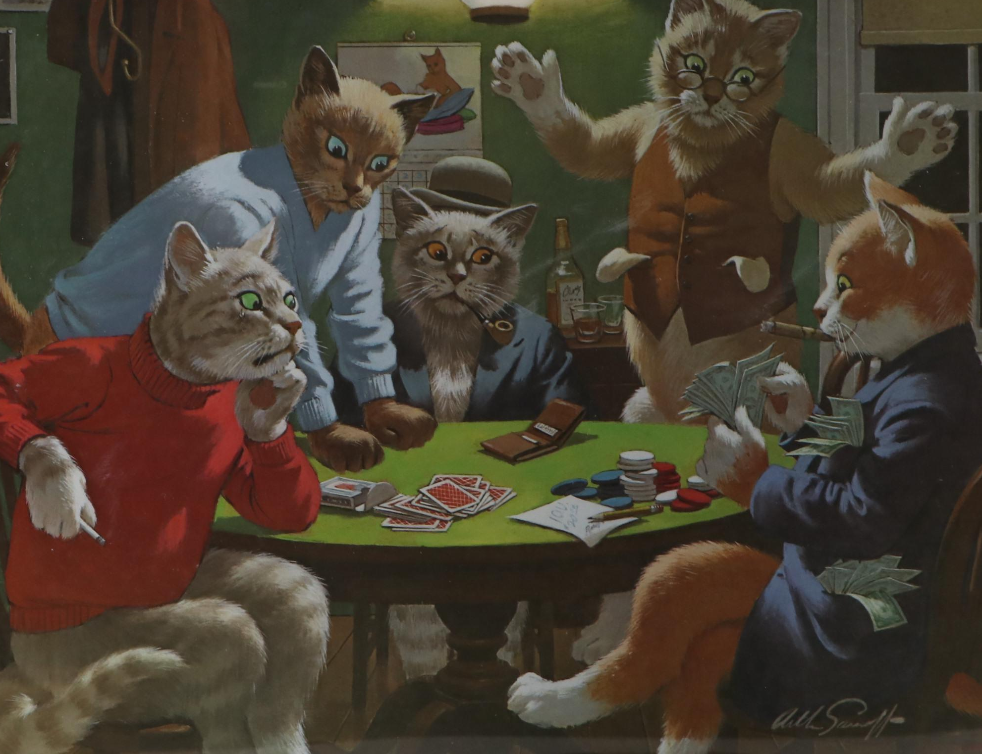 "Feeding The Kitty" Print After Arthur Sarnoff with Poker Chips and Coasters