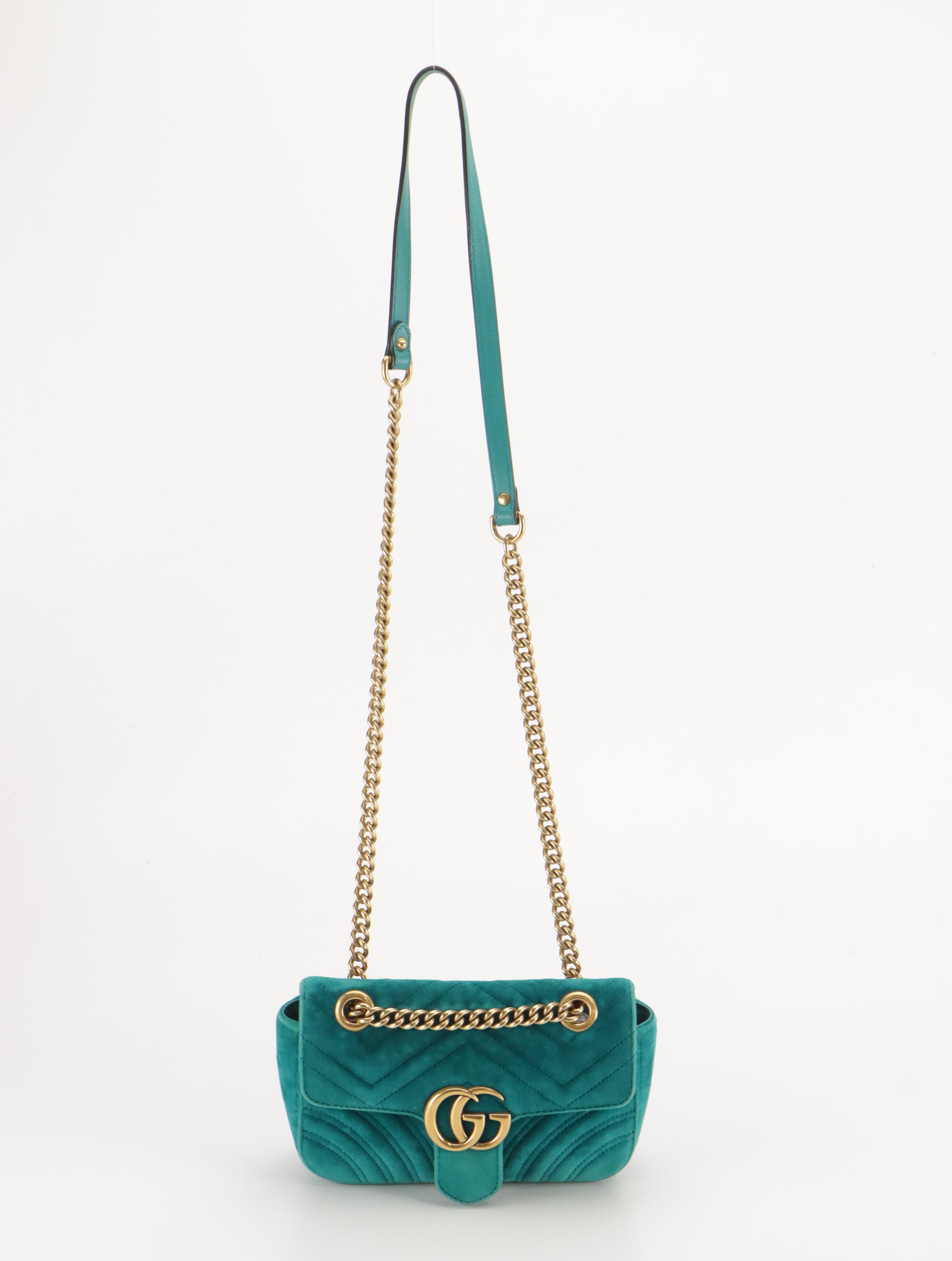 Gucci GG Marmont Flap Crossbody Chain Bag in Teal Blue Matelassé Chevron Velvet