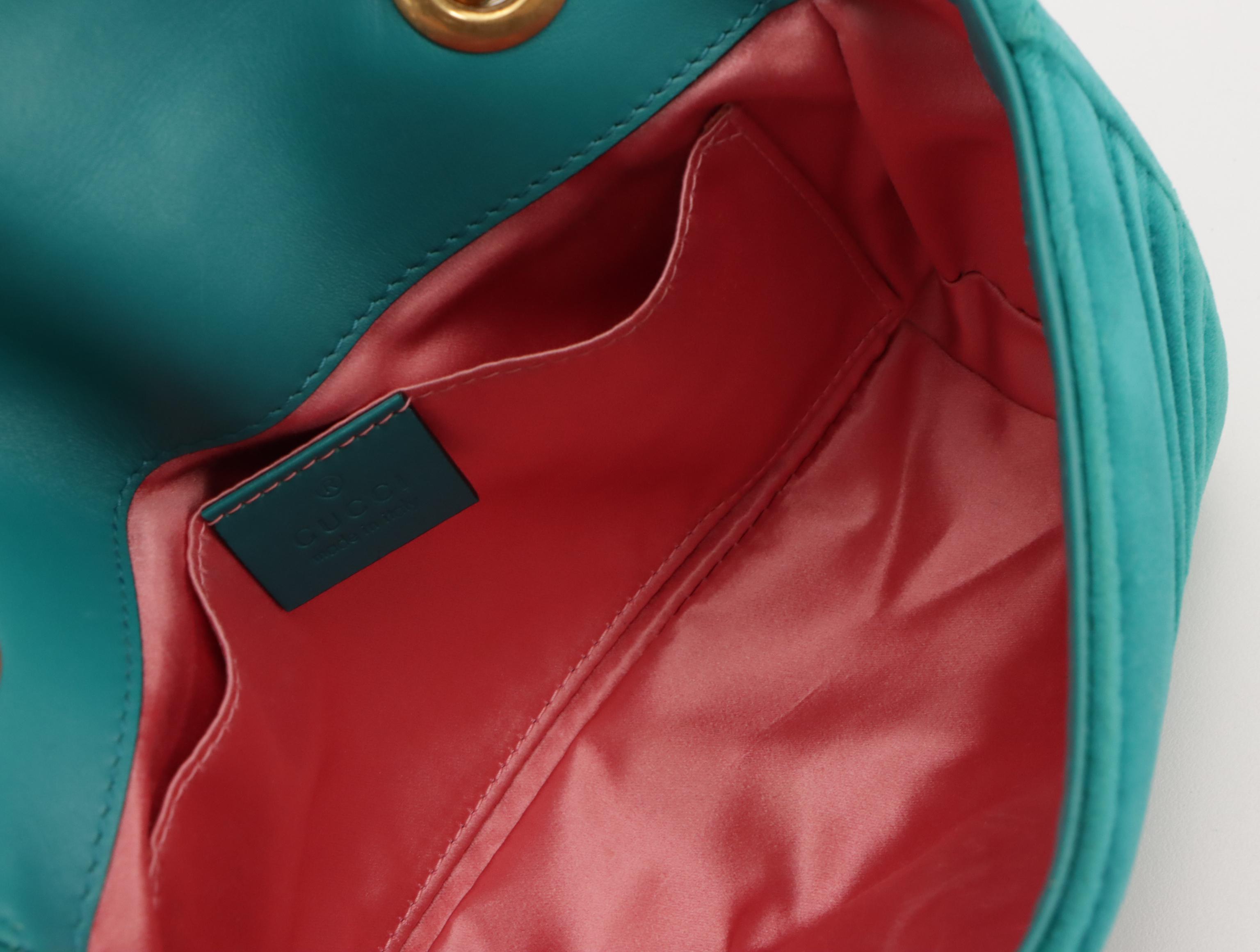 Gucci GG Marmont Flap Crossbody Chain Bag in Teal Blue Matelassé Chevron Velvet