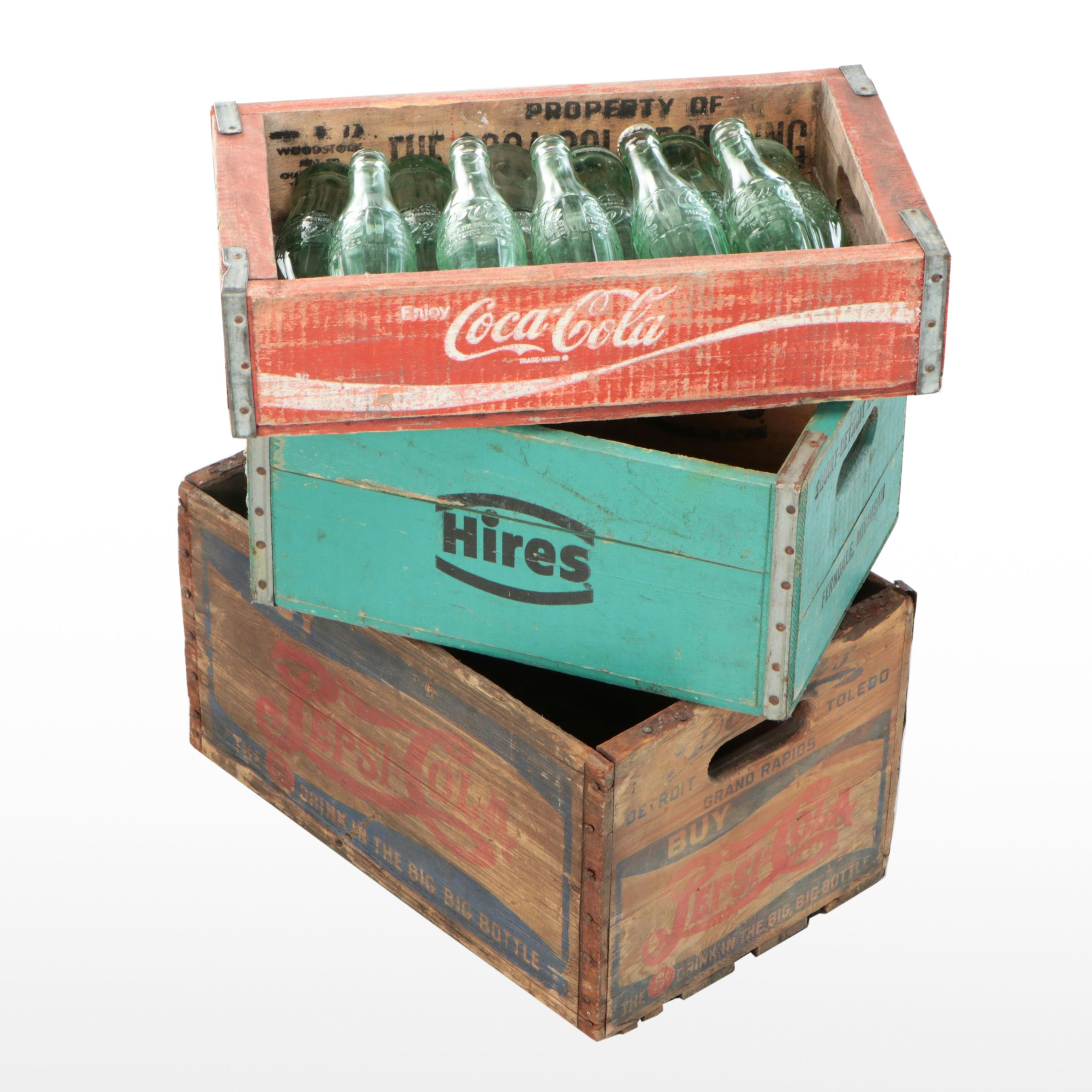 Coca-Cola, Hires, Pepsi-Cola Wooden Crates with Bottles, Mid-20th Century