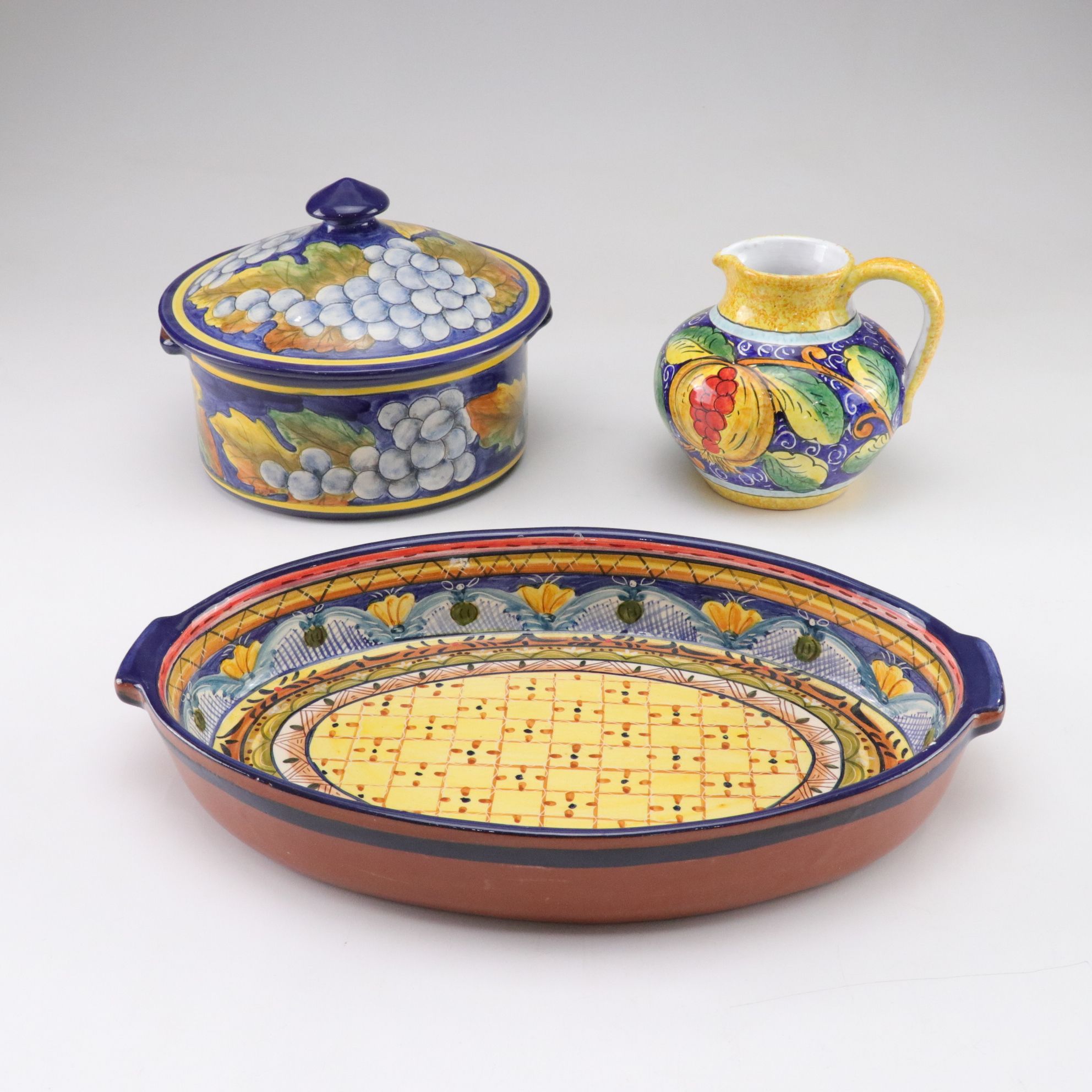Hand Decorated European Ceramic Covered Casserole, Baking Dish, and Pitcher