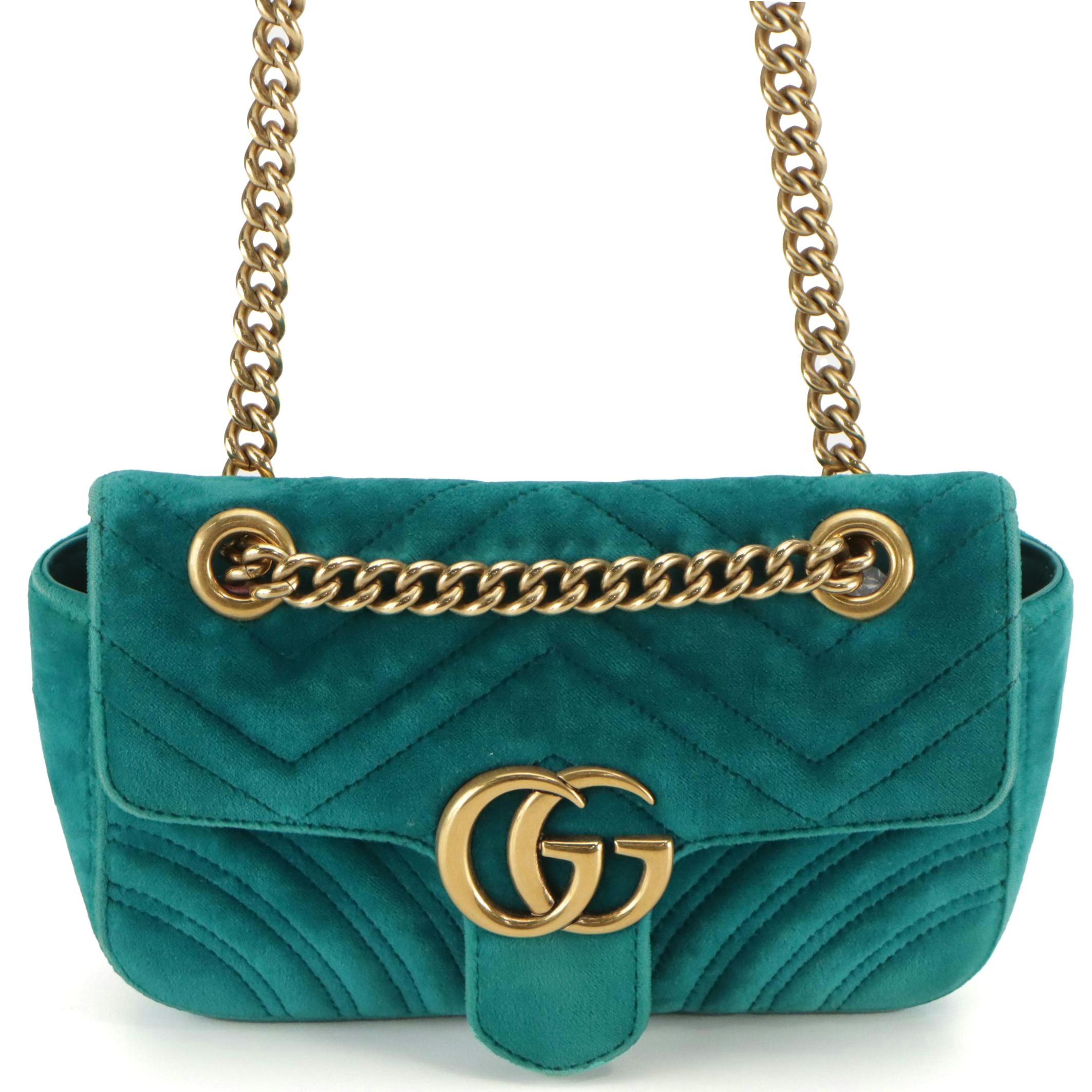 Gucci GG Marmont Flap Crossbody Chain Bag in Teal Blue Matelassé Chevron Velvet