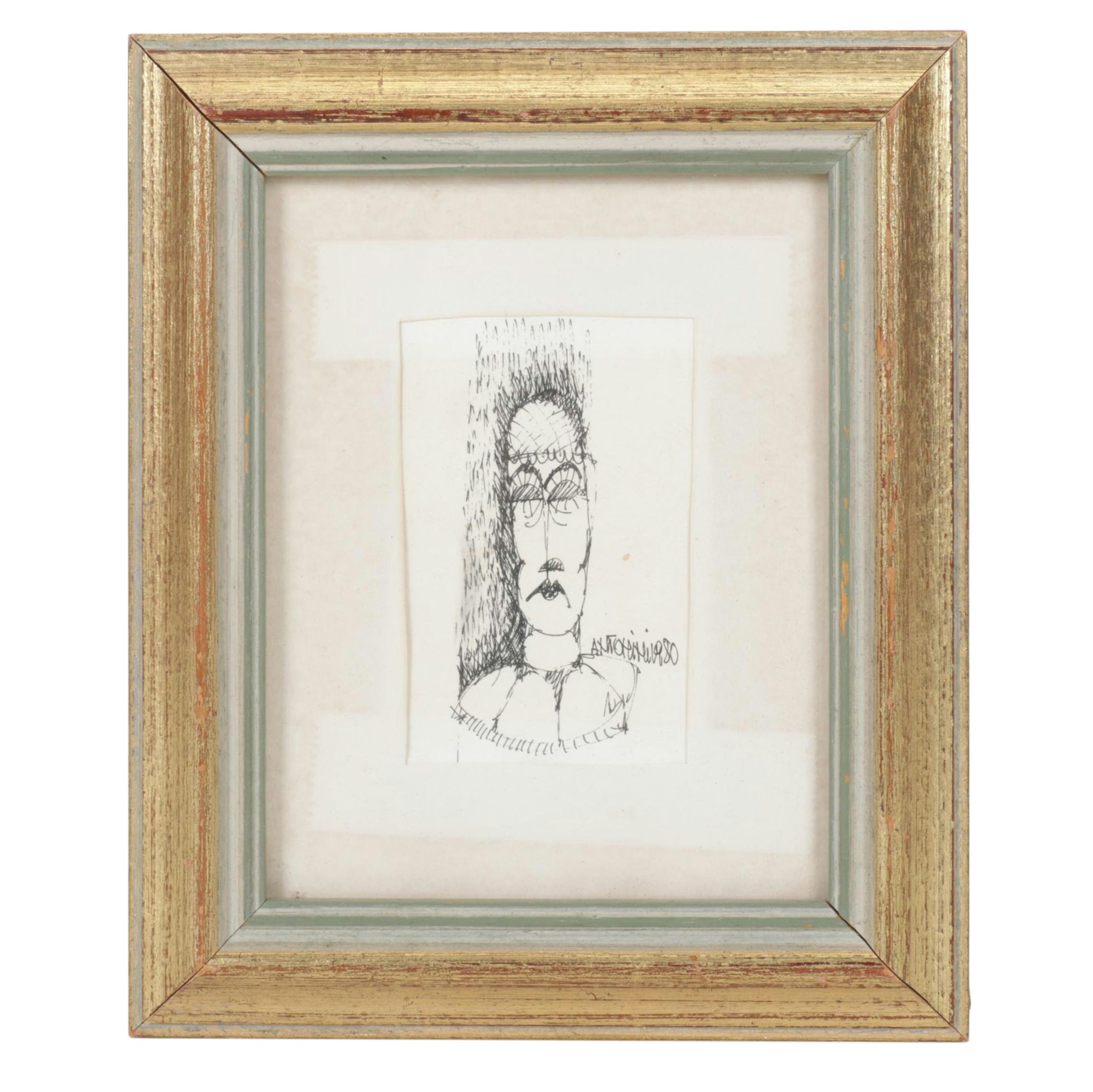 Gestural Portrait in Miniature Dated 1980, Signed