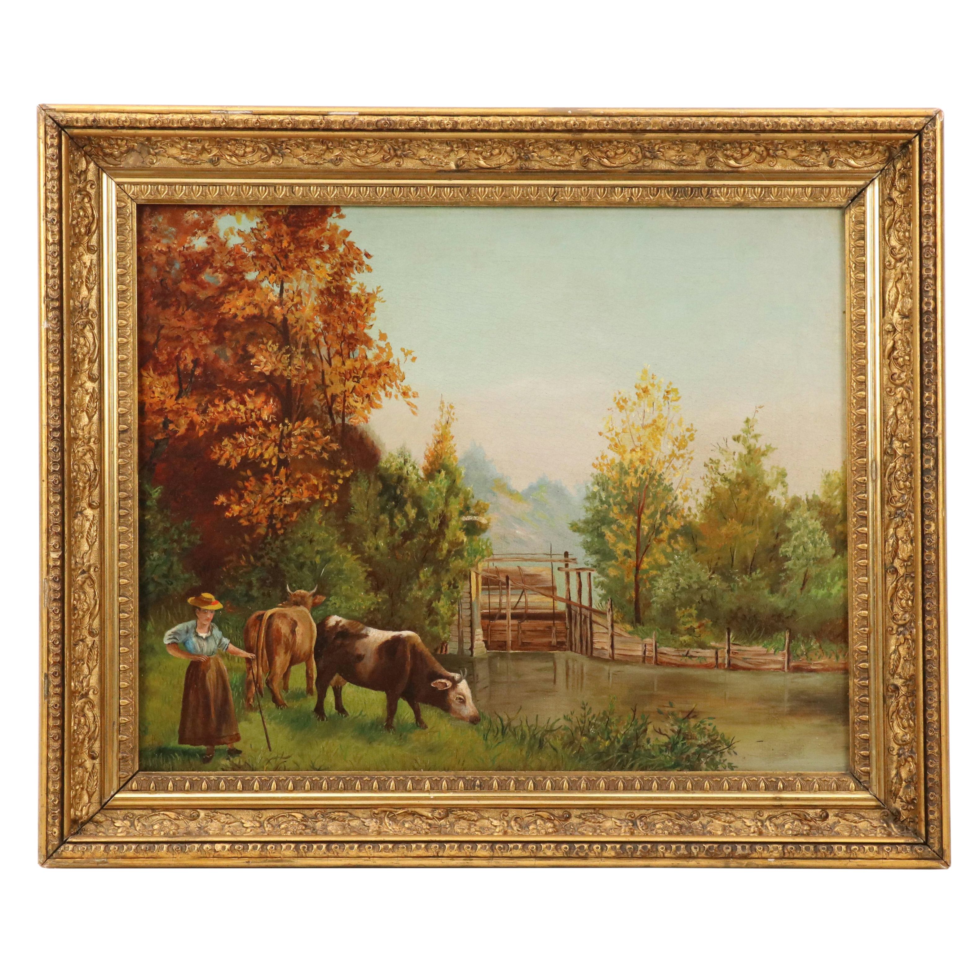Americana Oil Painting of Pastoral Landscape, Circa 1900