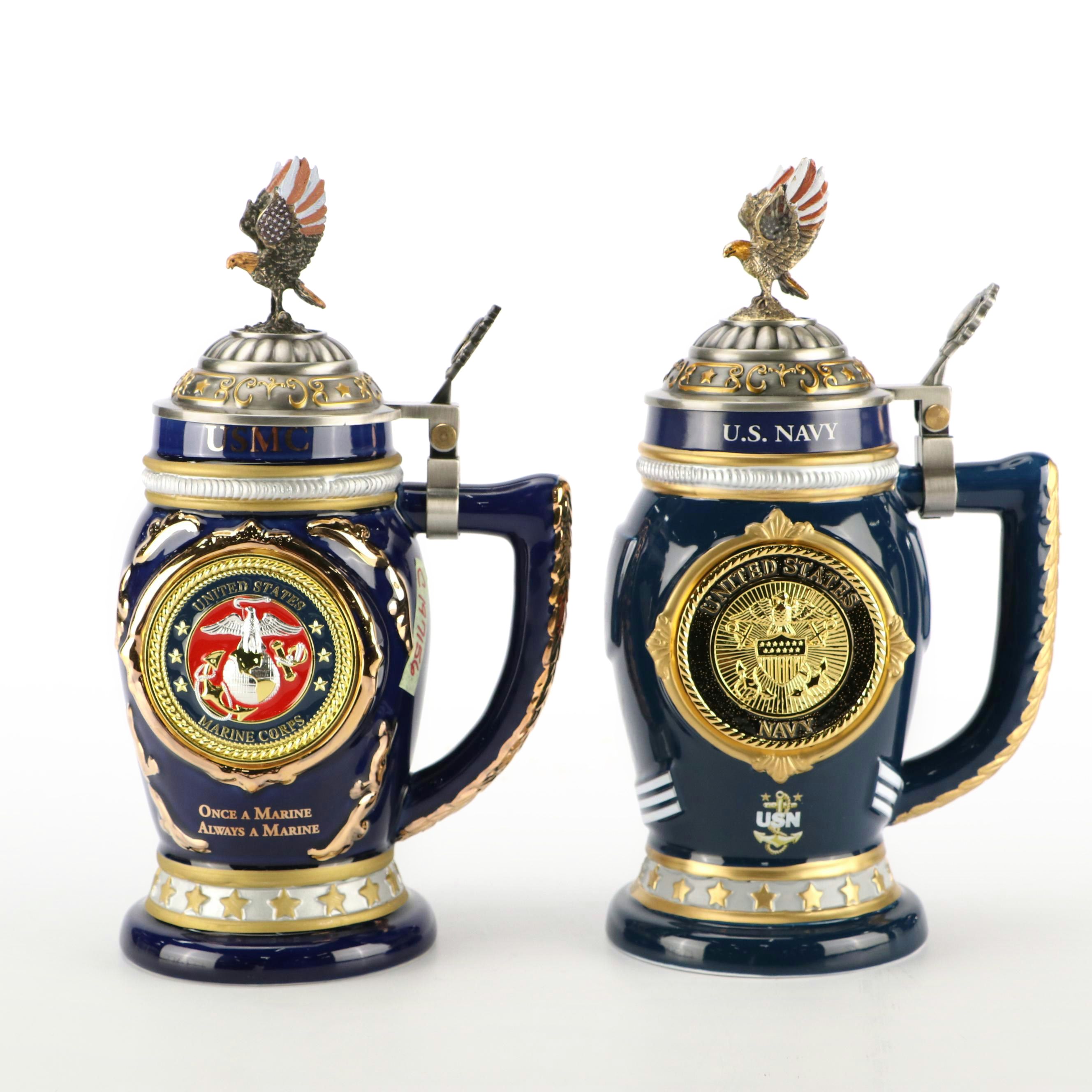 The Bradford Exchange "Navy Values" and "USMC Values" Ceramic Beer Steins