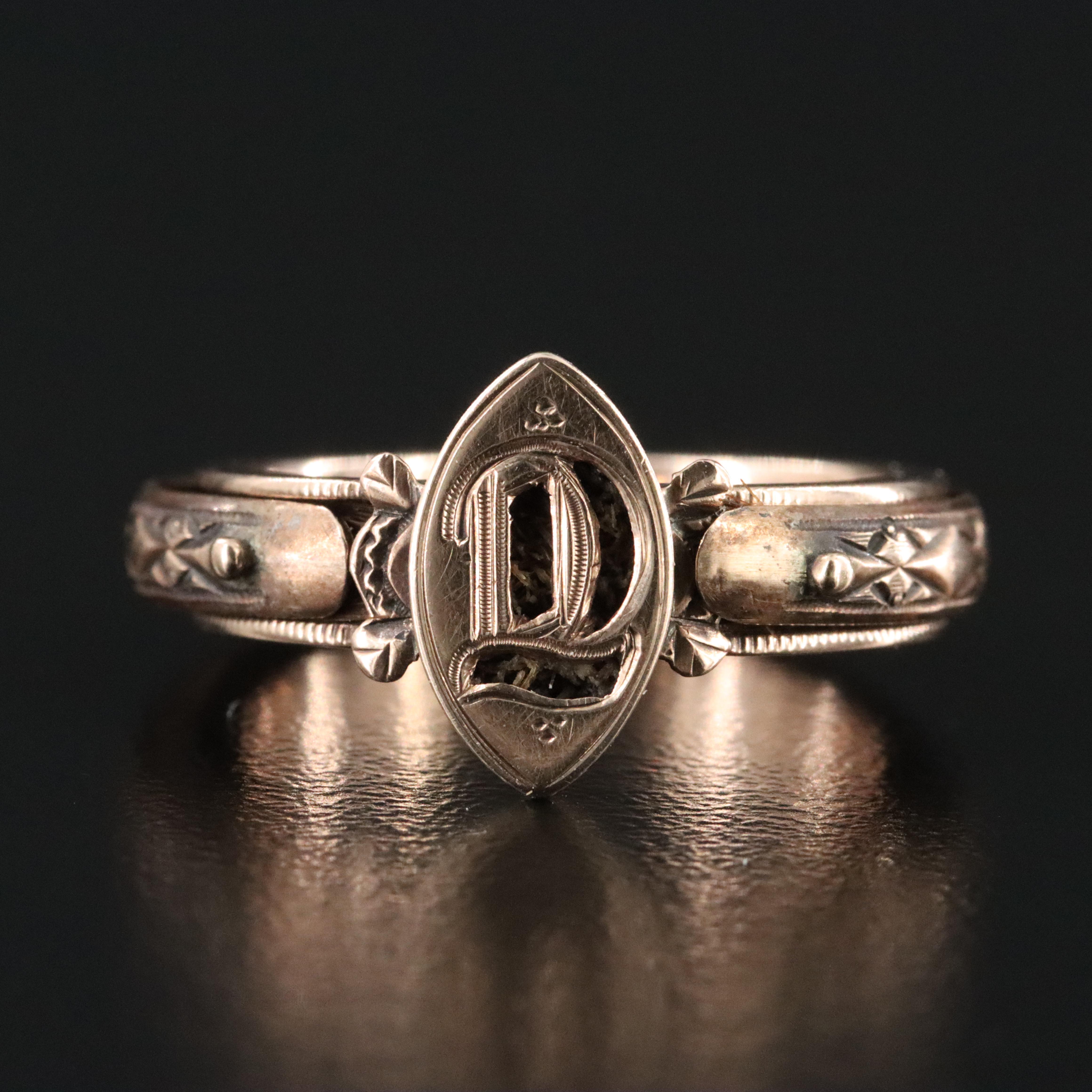 Victorian Mourning 10K Rose Gold Hidden Hair Ring