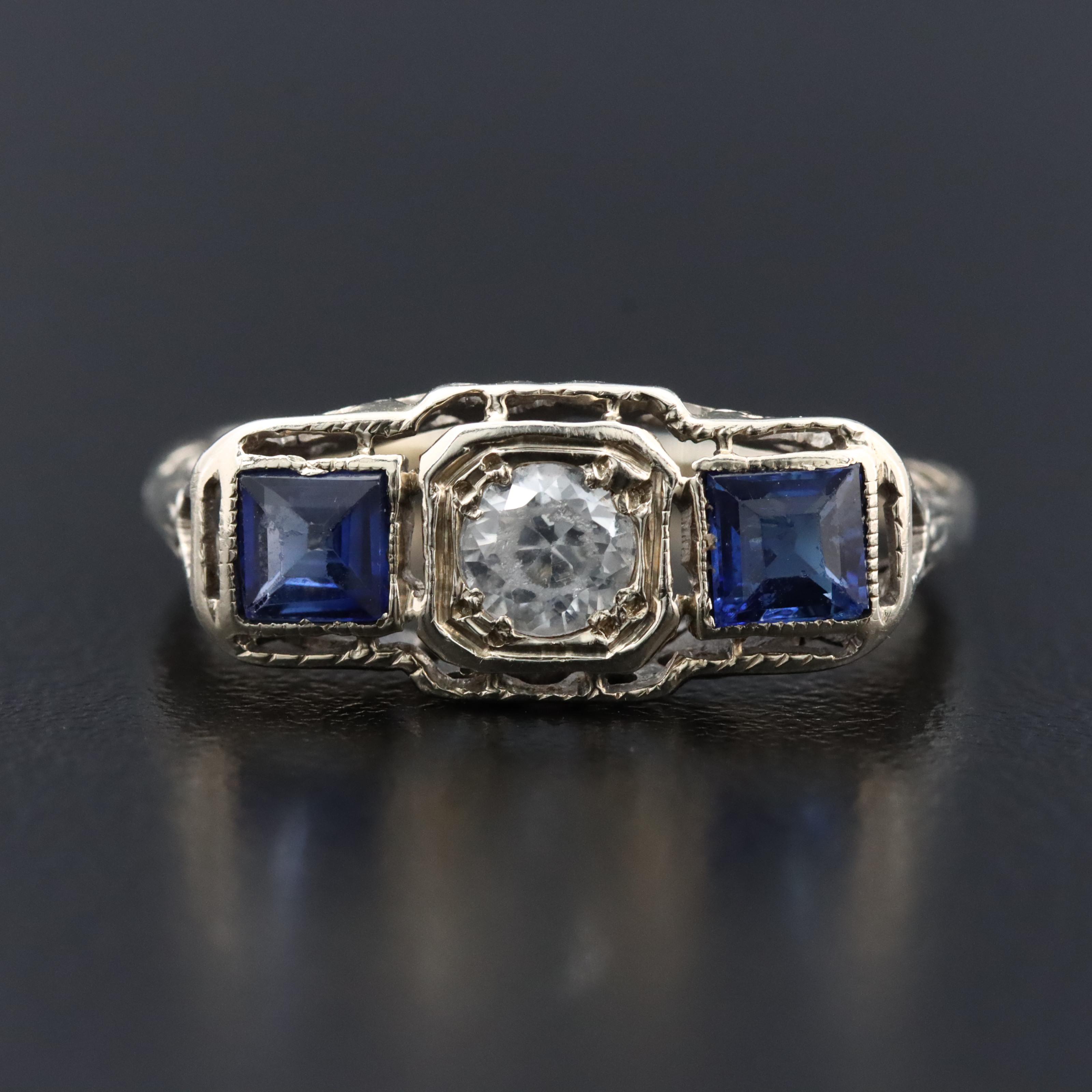 Art Deco 18K White Topaz and Sapphire Ring