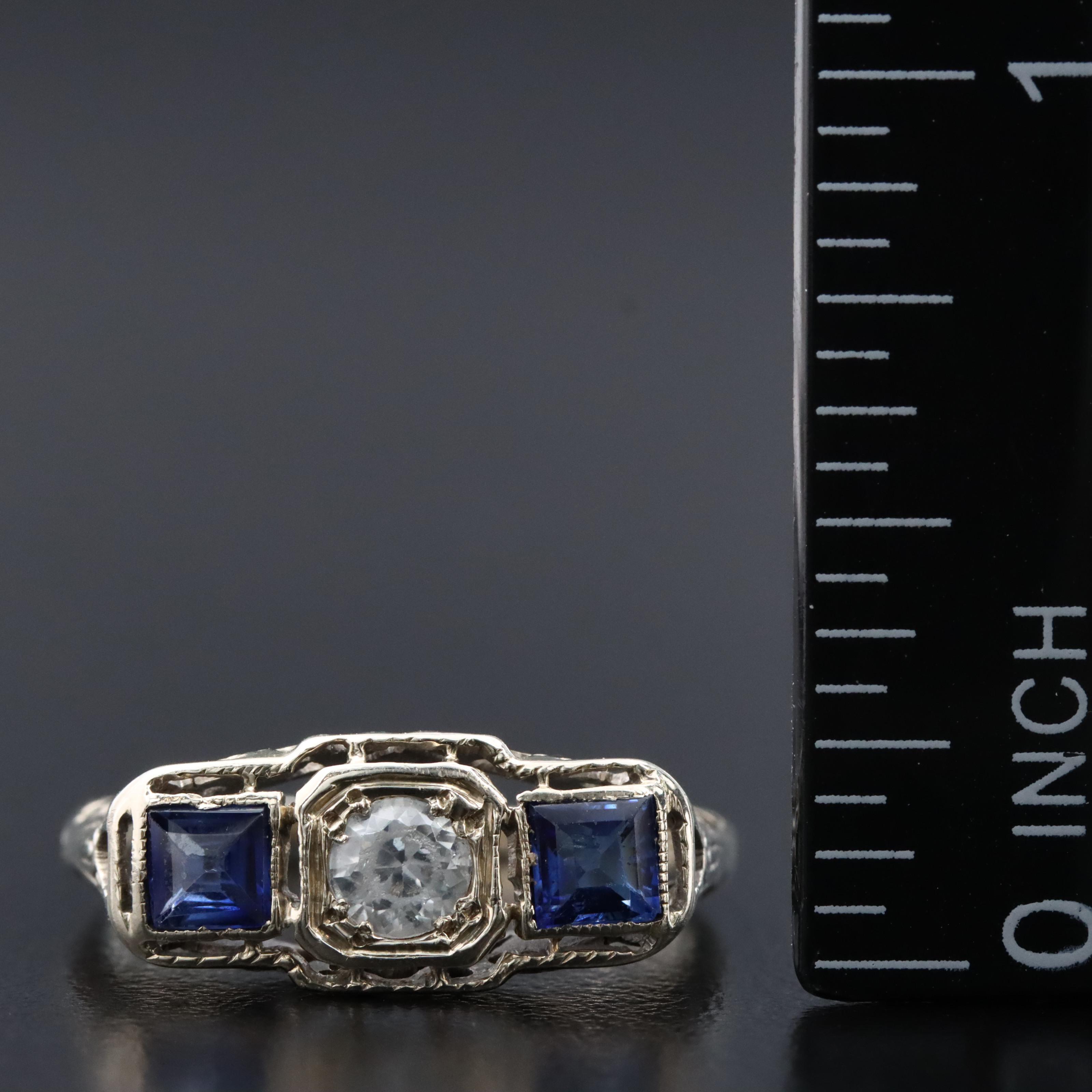 Art Deco 18K White Topaz and Sapphire Ring