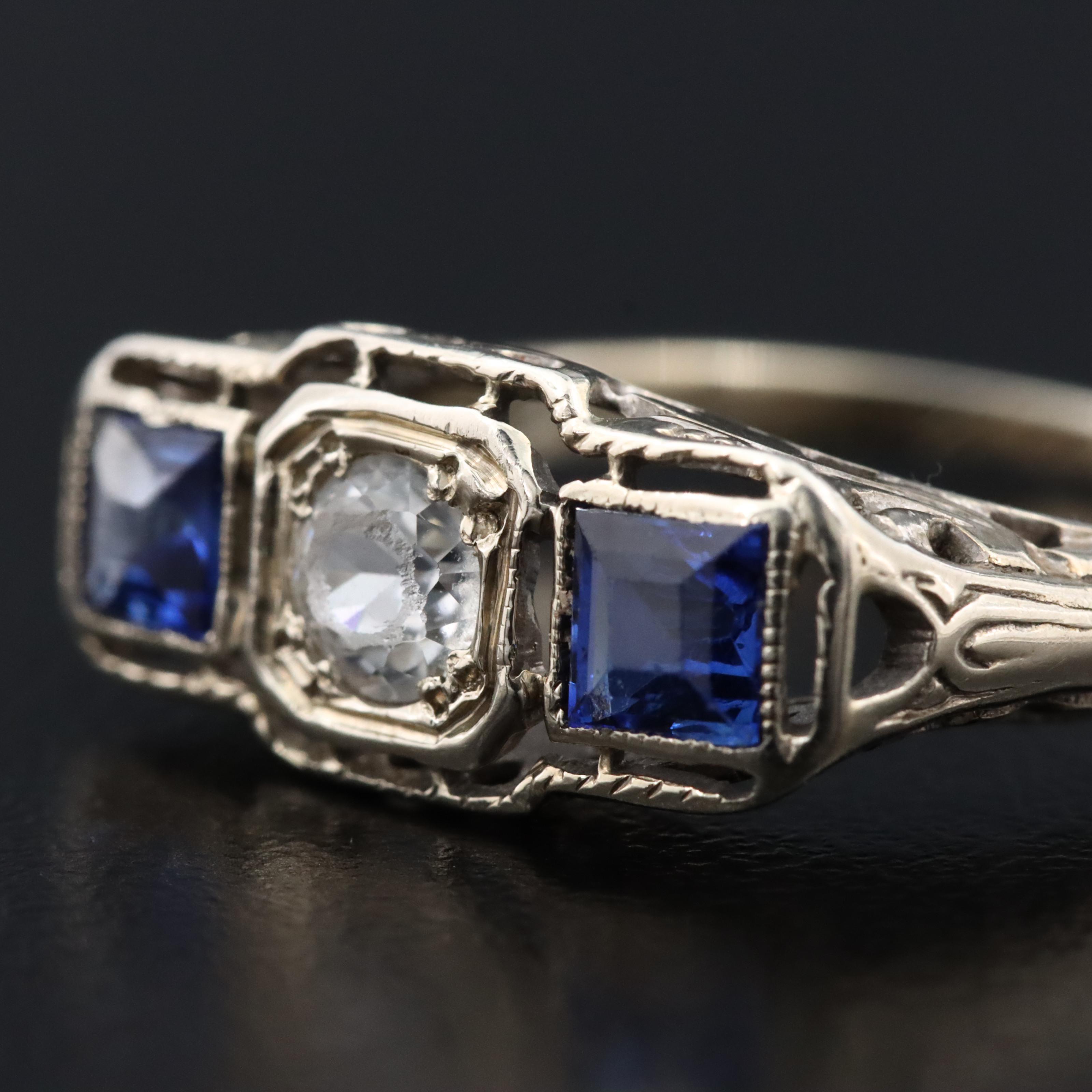 Art Deco 18K White Topaz and Sapphire Ring