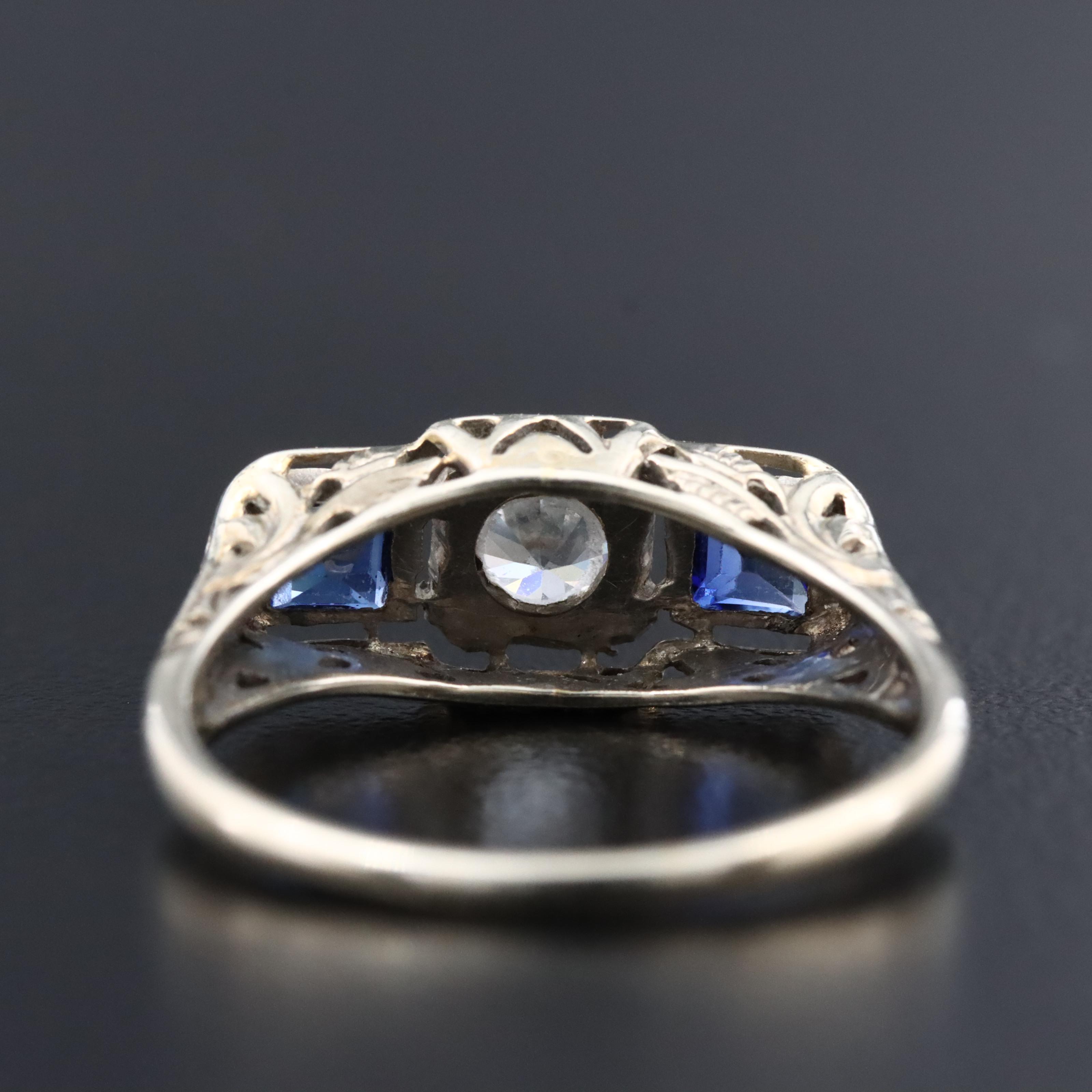 Art Deco 18K White Topaz and Sapphire Ring