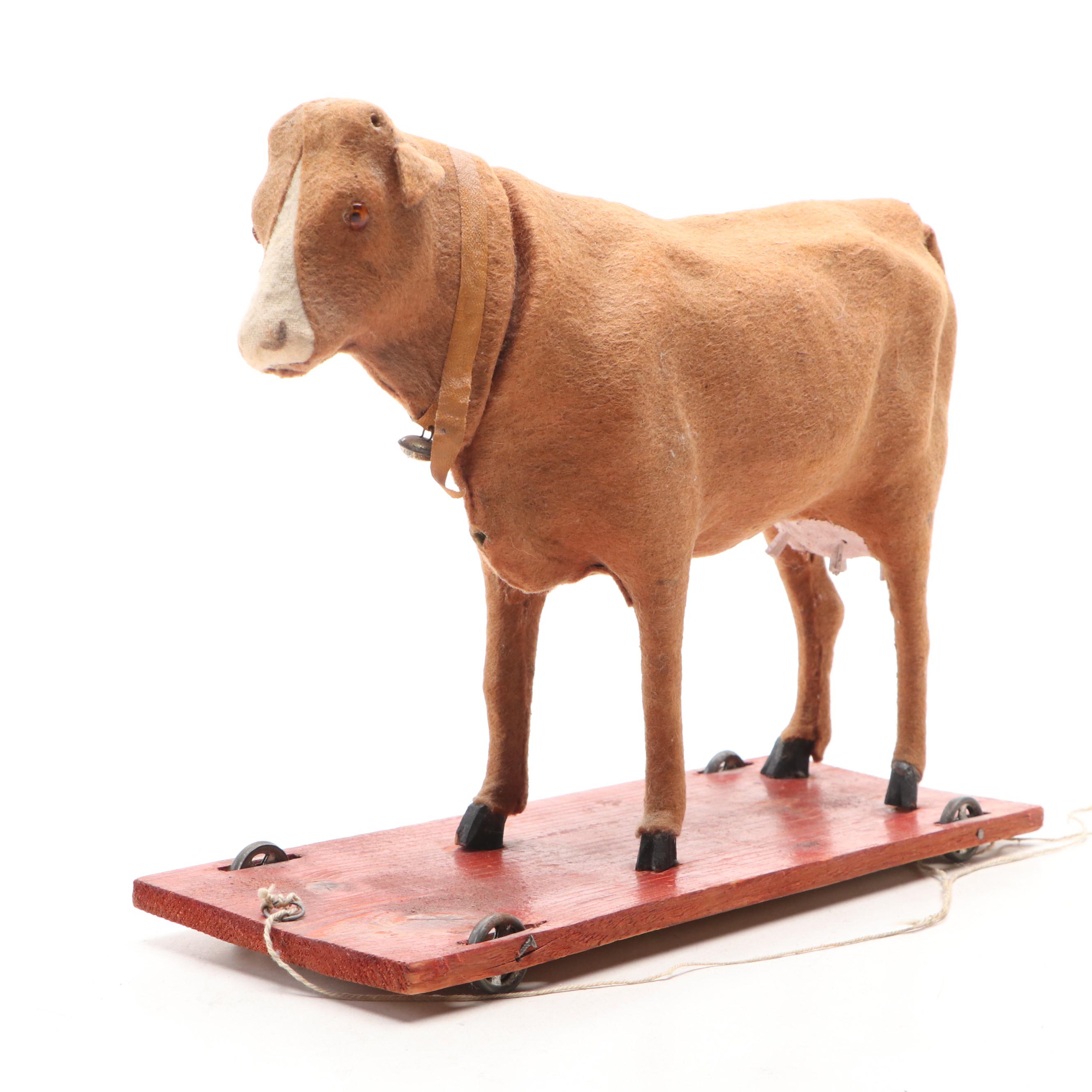 Handmade Folk Art Felt Cow Pull Toy on Wooden Base, Mid-Late 20th Century