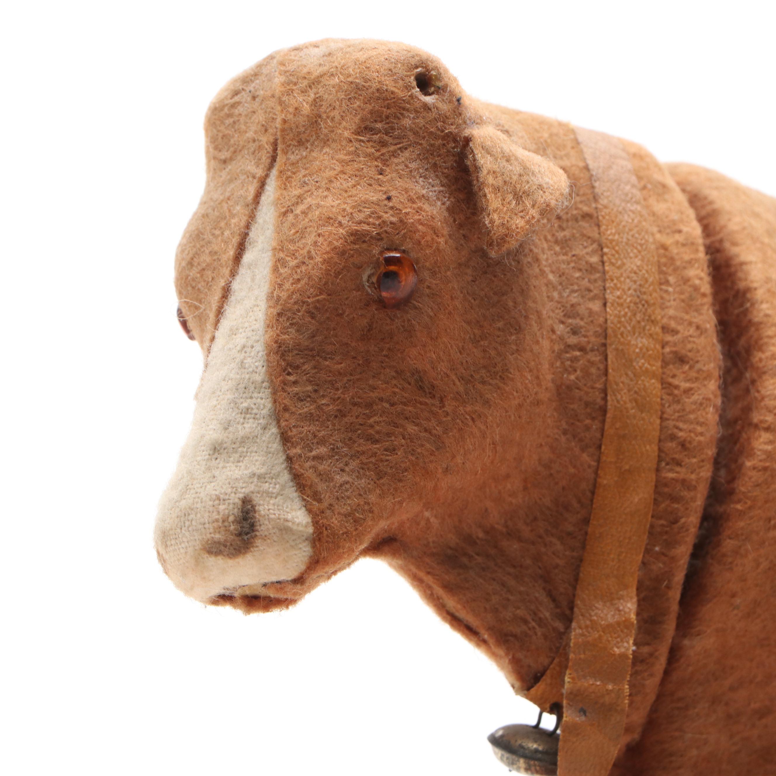 Handmade Folk Art Felt Cow Pull Toy on Wooden Base, Mid-Late 20th Century