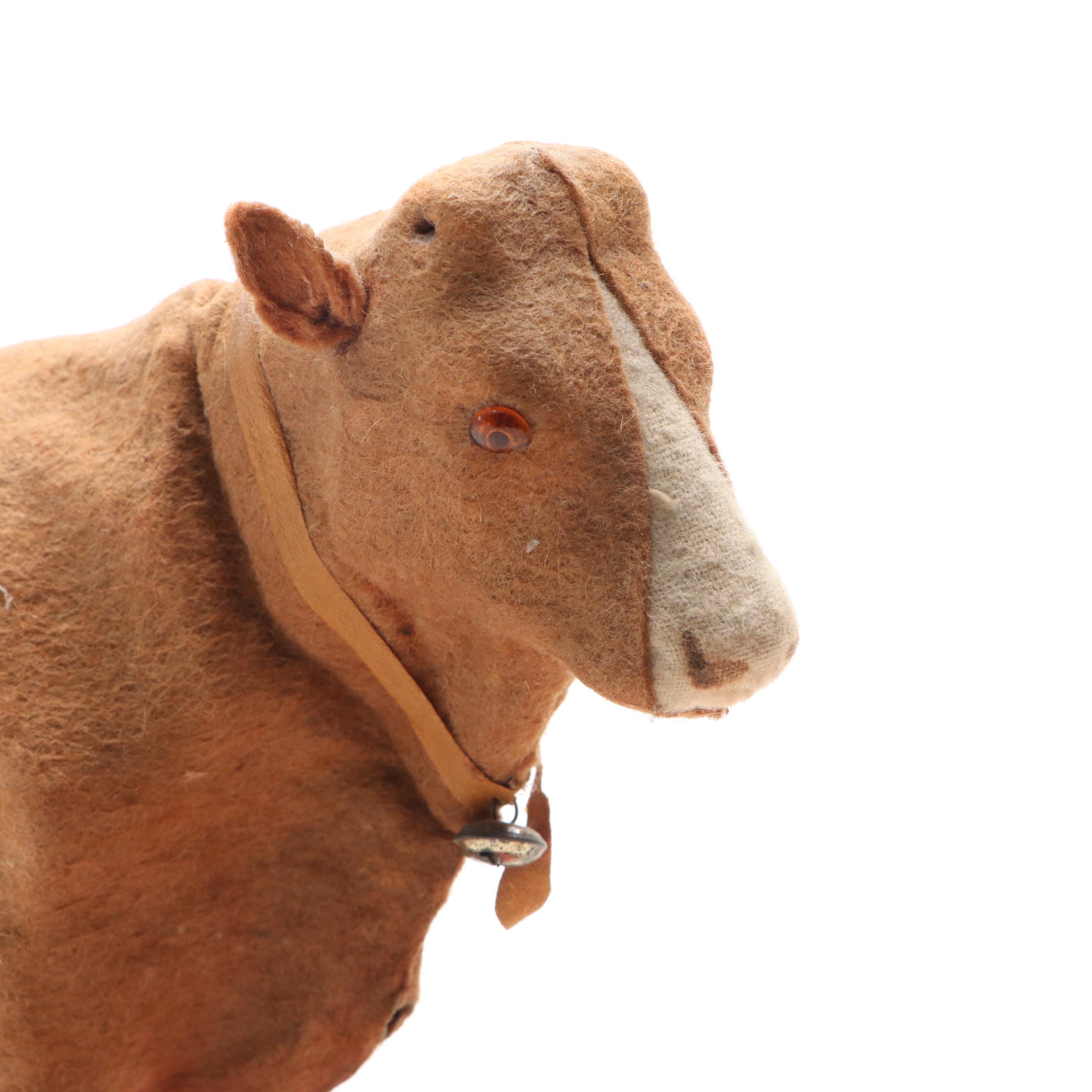 Handmade Folk Art Felt Cow Pull Toy on Wooden Base, Mid-Late 20th Century