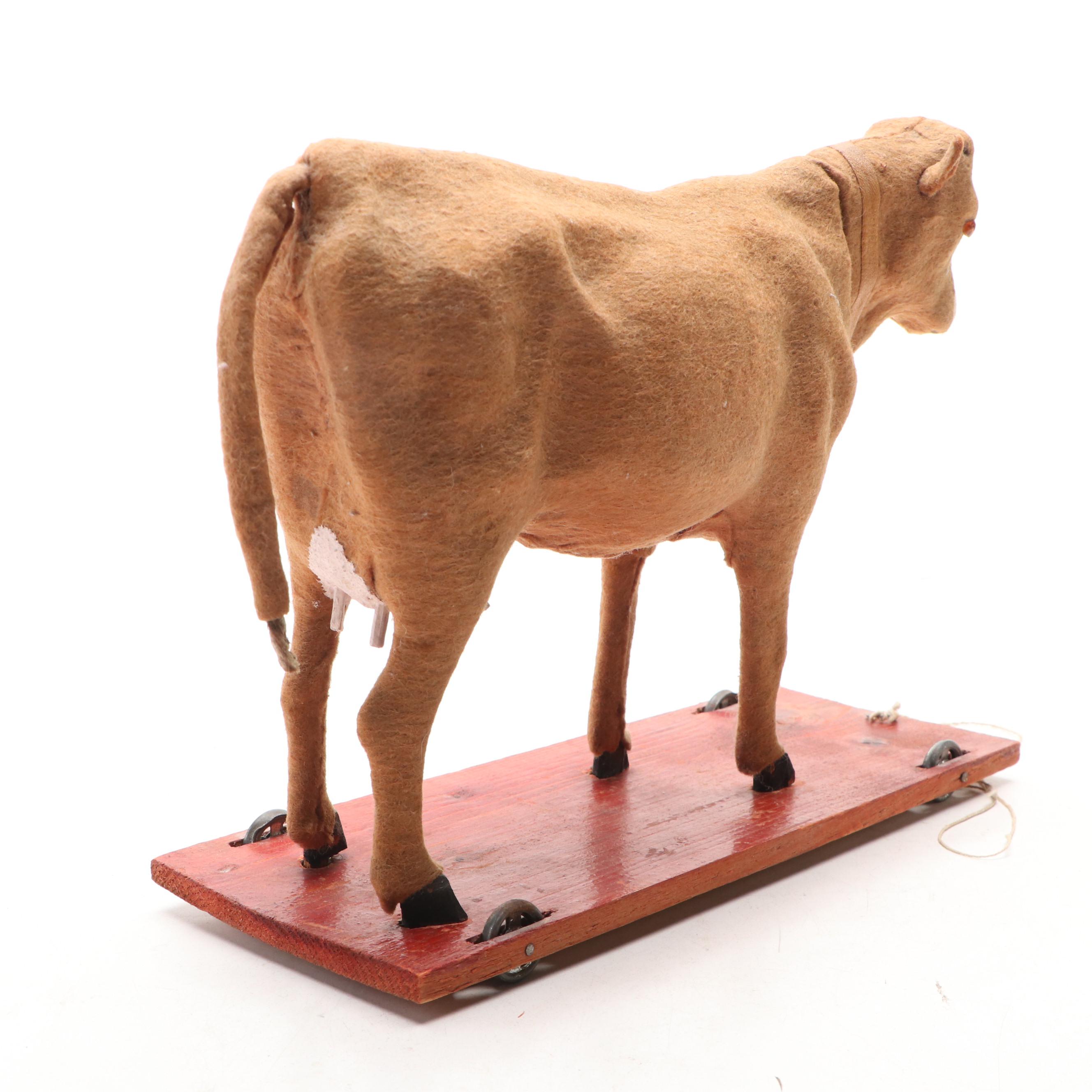 Handmade Folk Art Felt Cow Pull Toy on Wooden Base, Mid-Late 20th Century