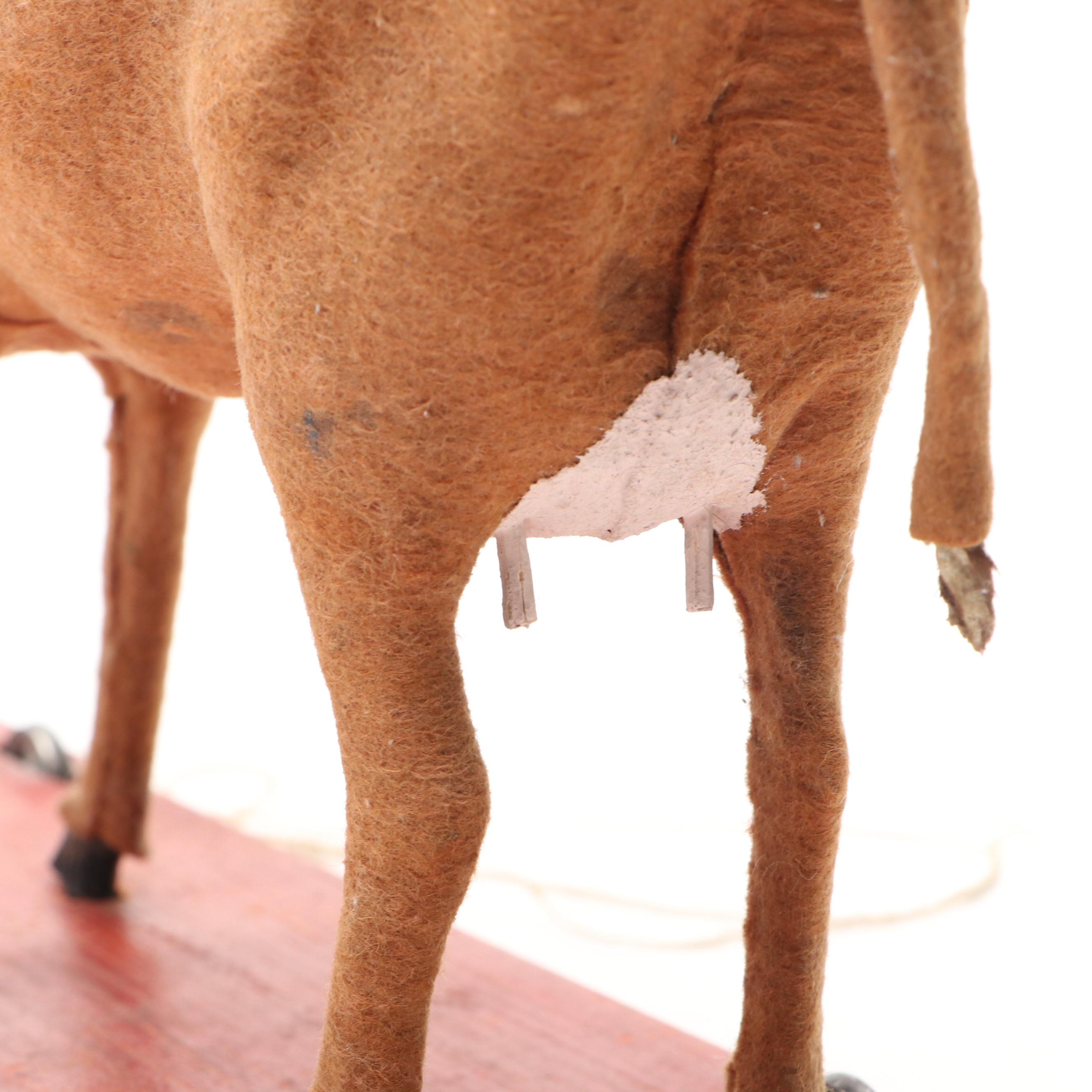 Handmade Folk Art Felt Cow Pull Toy on Wooden Base, Mid-Late 20th Century