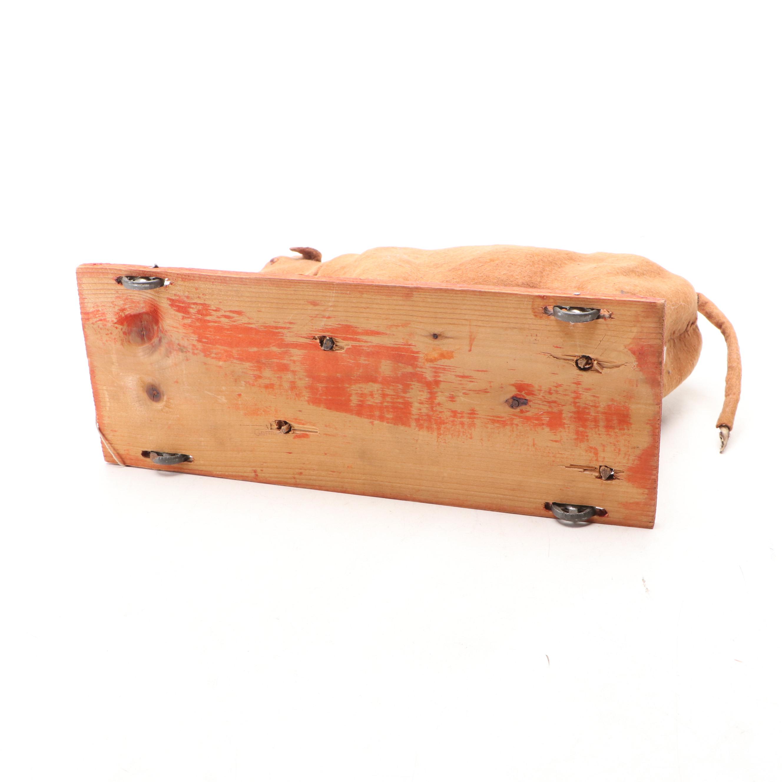 Handmade Folk Art Felt Cow Pull Toy on Wooden Base, Mid-Late 20th Century