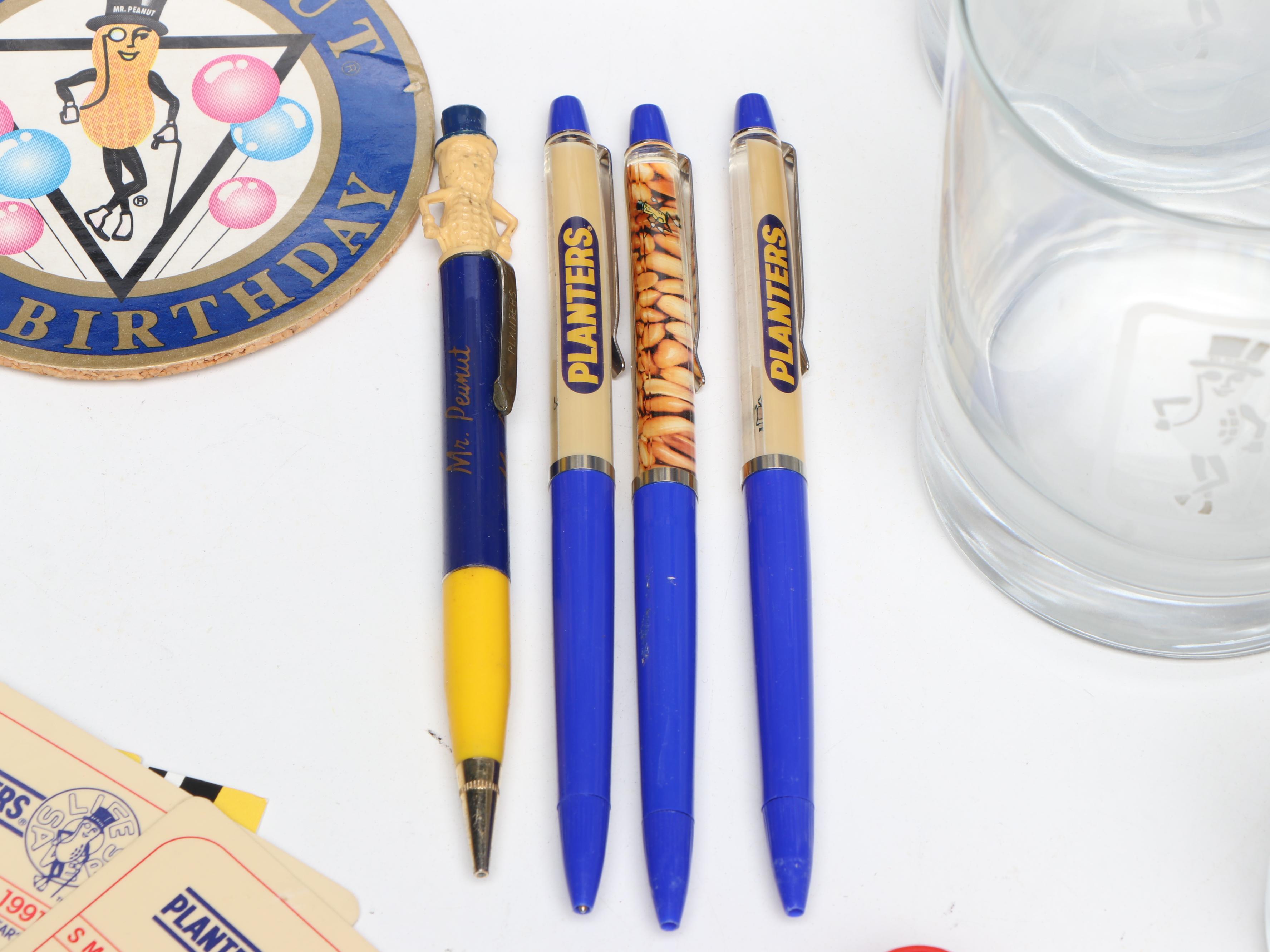 Mr. Peanut Glass Highballs and Lidded Jar with Other Mr. Peanut Memorabilia