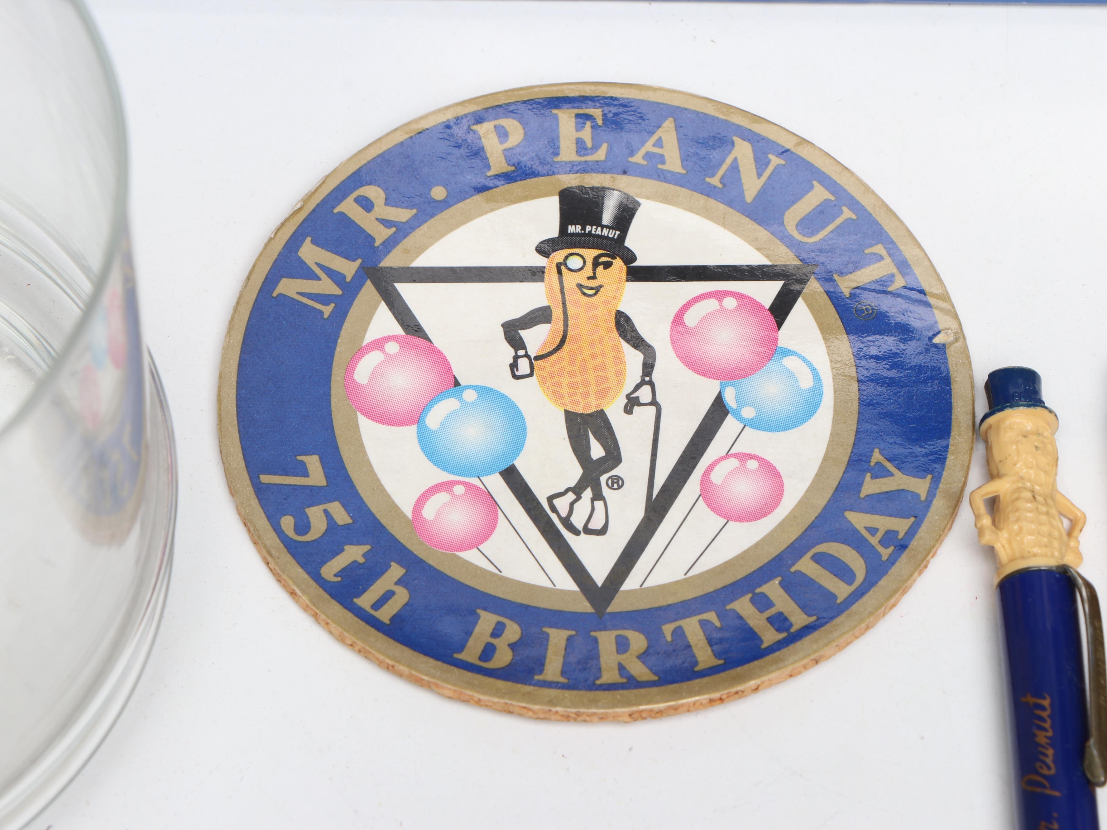 Mr. Peanut Glass Highballs and Lidded Jar with Other Mr. Peanut Memorabilia