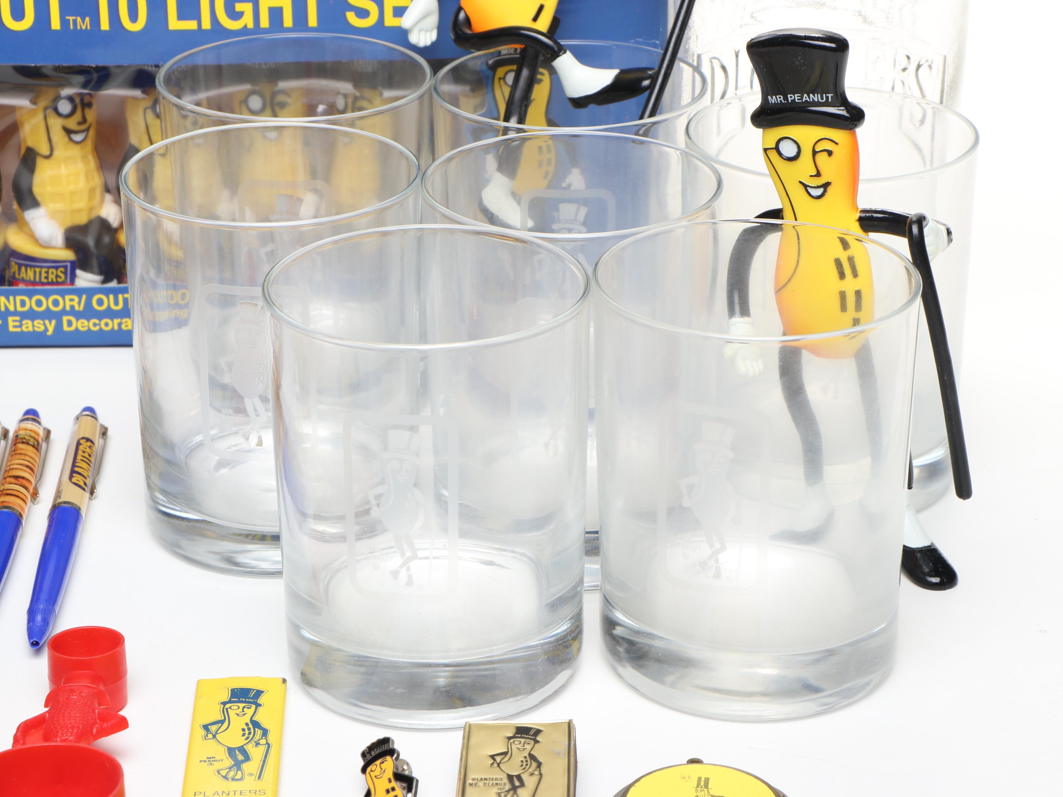 Mr. Peanut Glass Highballs and Lidded Jar with Other Mr. Peanut Memorabilia