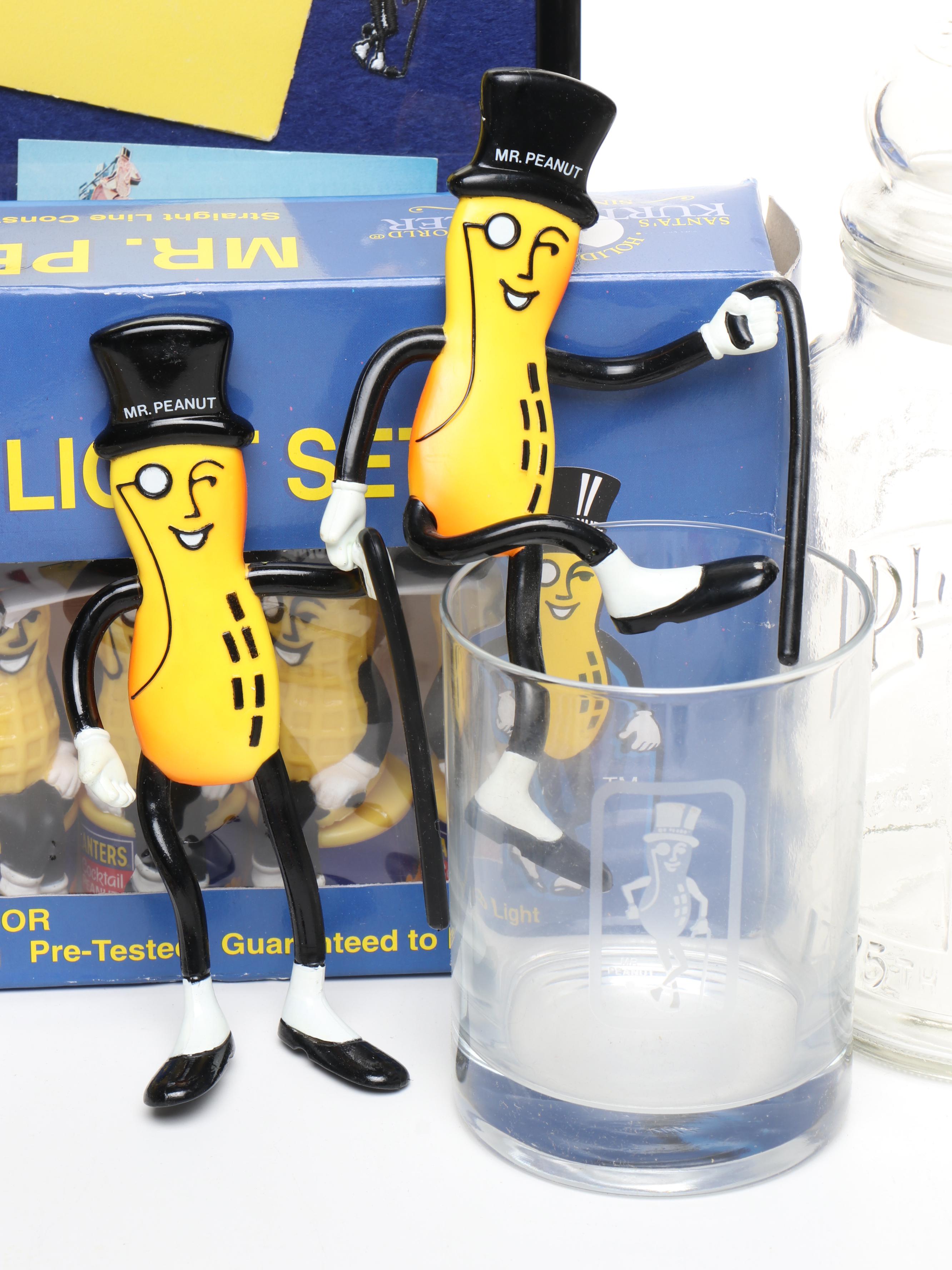 Mr. Peanut Glass Highballs and Lidded Jar with Other Mr. Peanut Memorabilia
