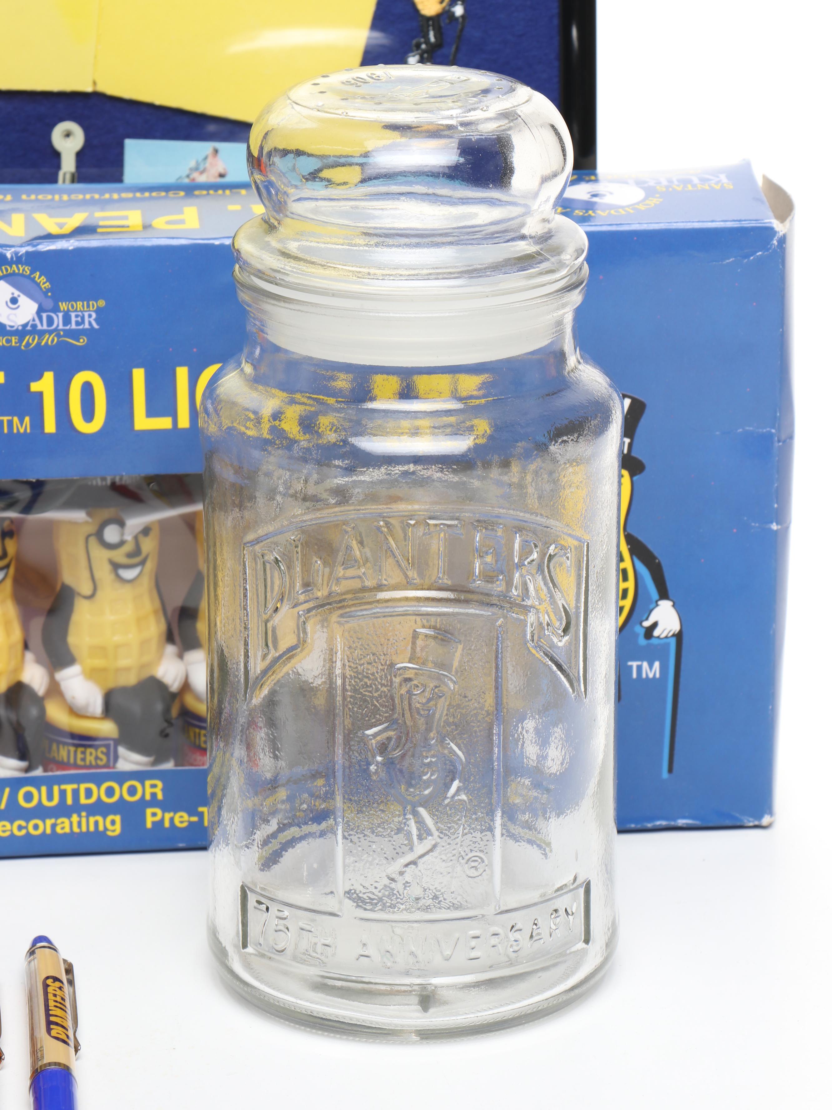 Mr. Peanut Glass Highballs and Lidded Jar with Other Mr. Peanut Memorabilia