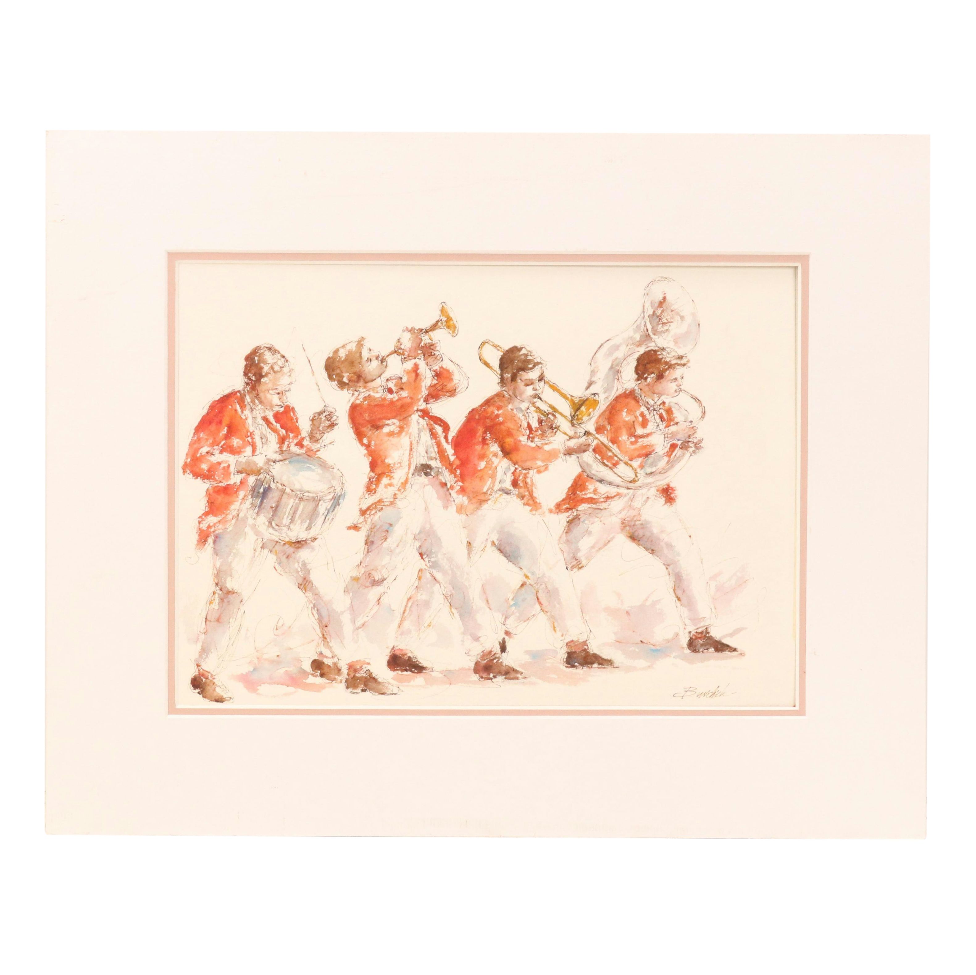 Charles Burdick Ink and Watercolor Painting of Marching Band, 20th Century