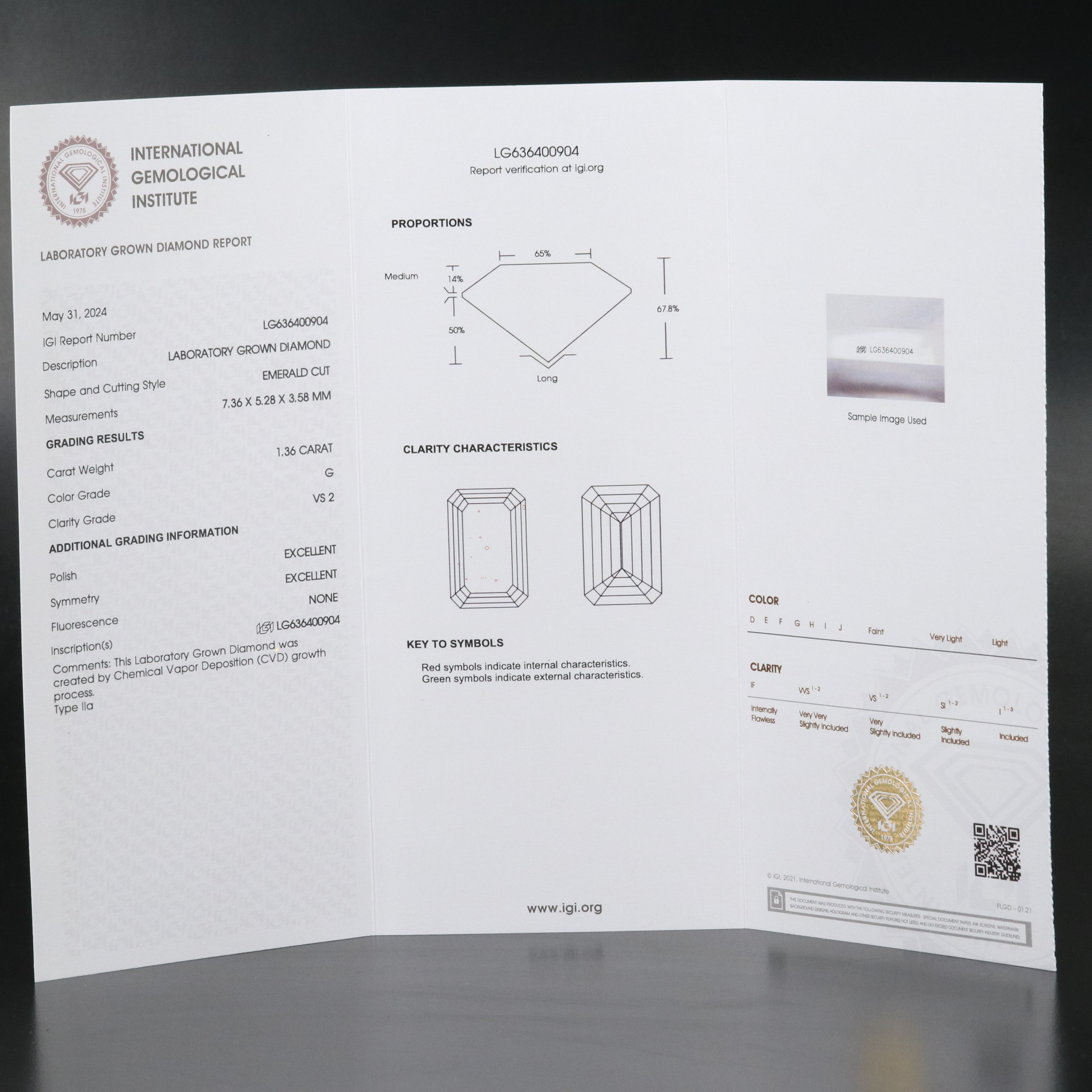Loose 1.36 CT Lab Grown Diamond with IGI Report