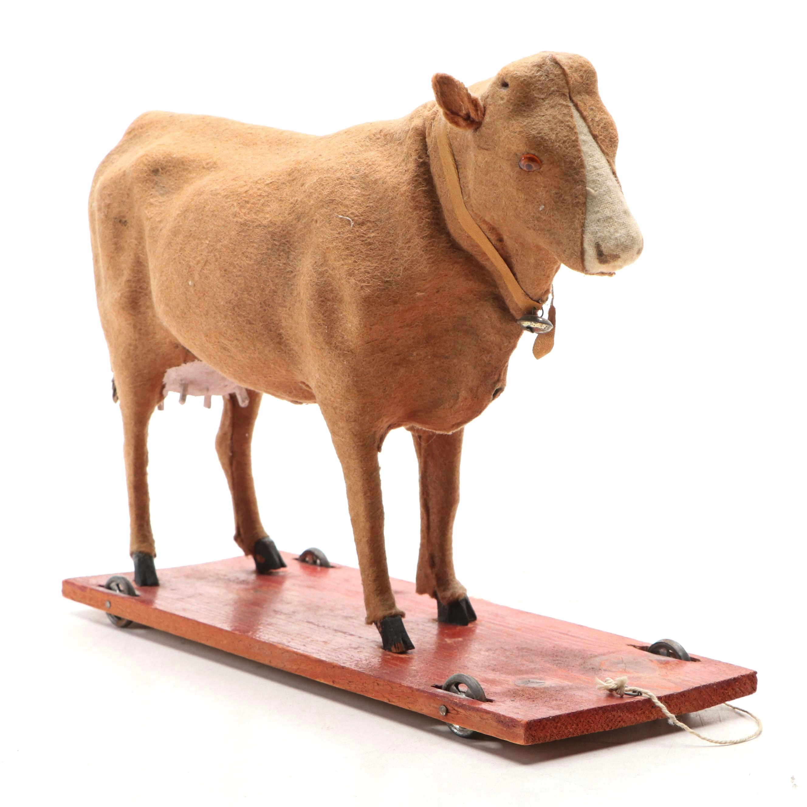 Handmade Folk Art Felt Cow Pull Toy on Wooden Base, Mid-Late 20th Century