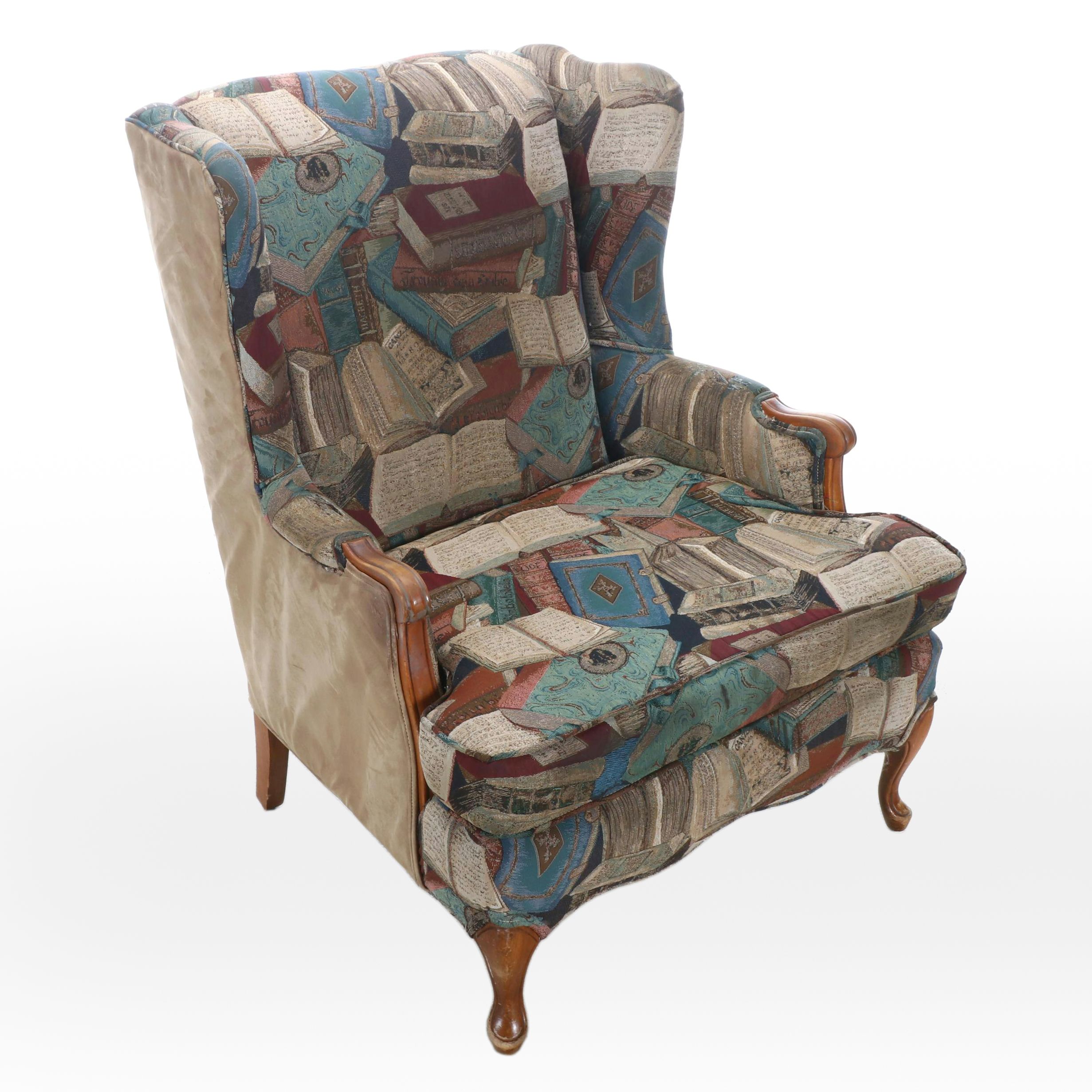 Queen Anne Style Wingback Upholstered Armchair, Late 20th Century