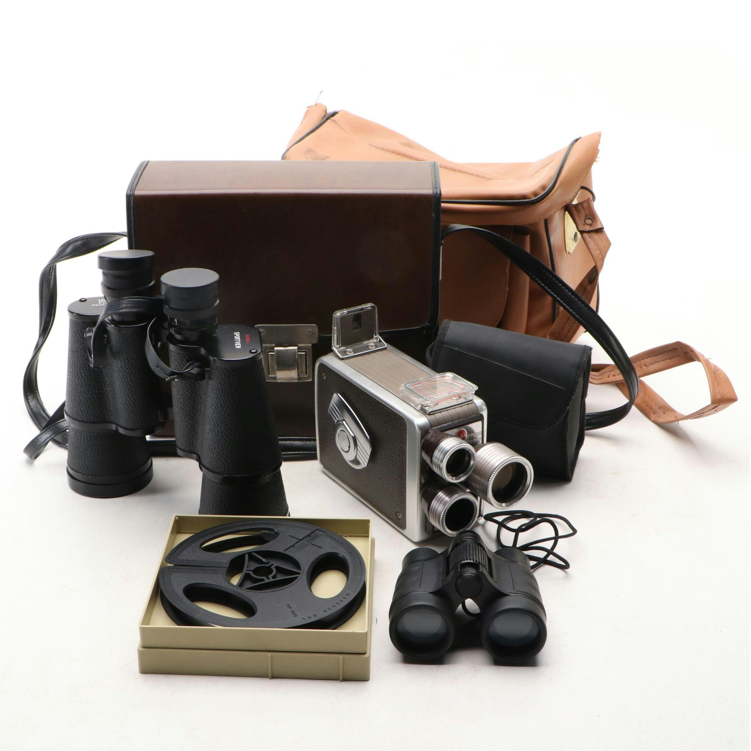Kodak 8mm Brownie Movie Camera and Bushnell Binoculars, Mid-20th Century