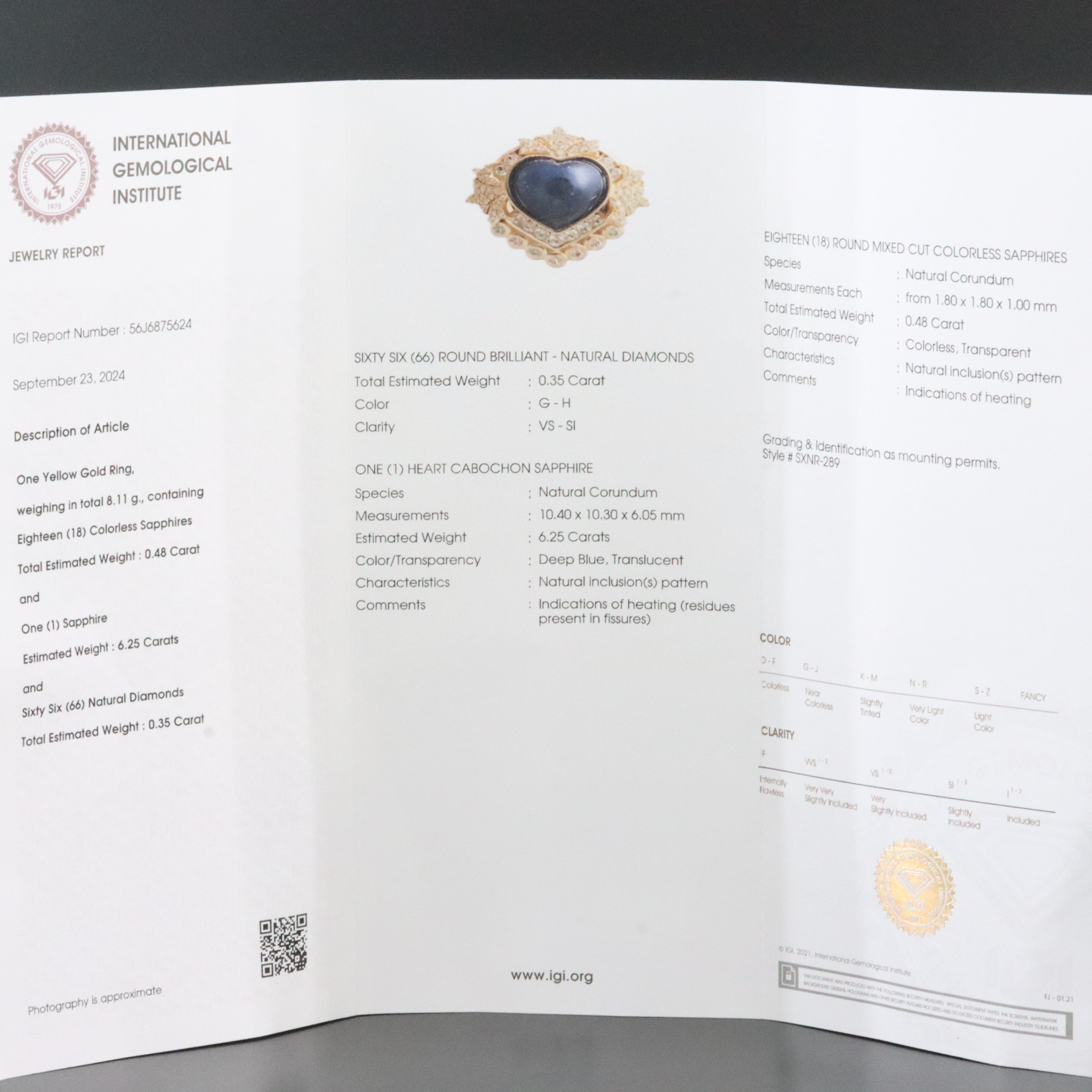 14K 6.25 CT Sapphire, Diamond, and White Sapphire Ring with IGI Jewelry Report