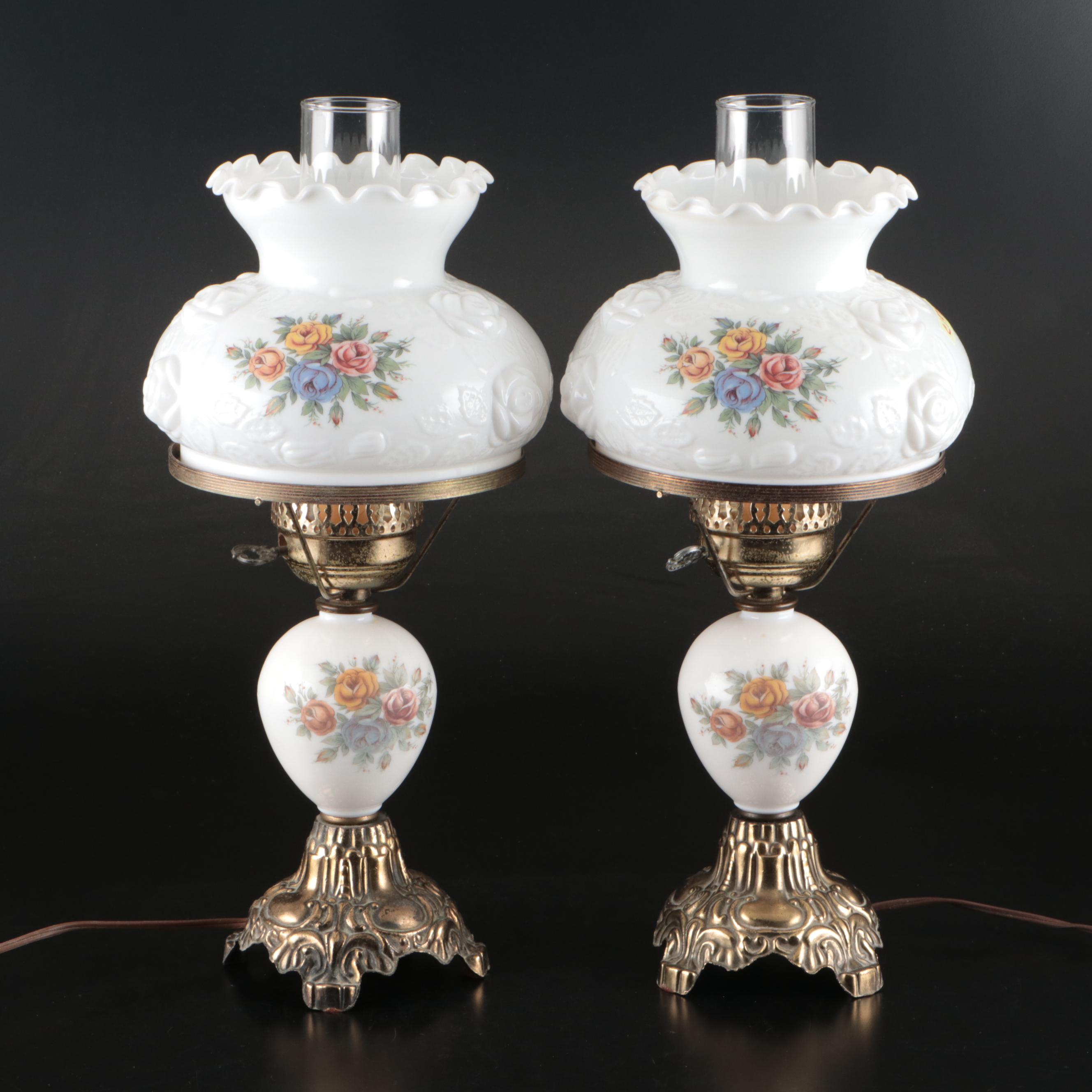 Fenton Embossed Rose Milk Glass and Brass Table Lamps
