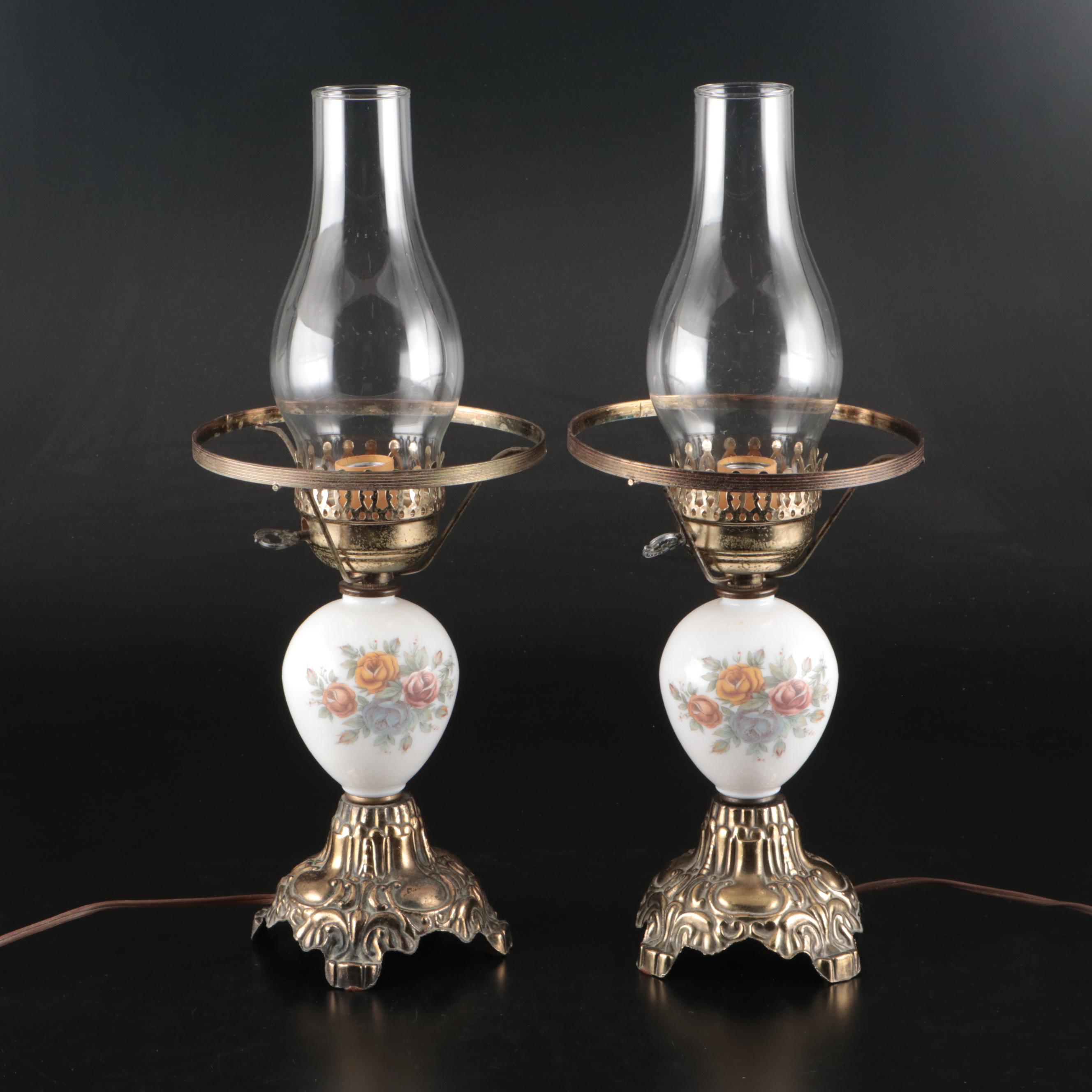 Fenton Embossed Rose Milk Glass and Brass Table Lamps