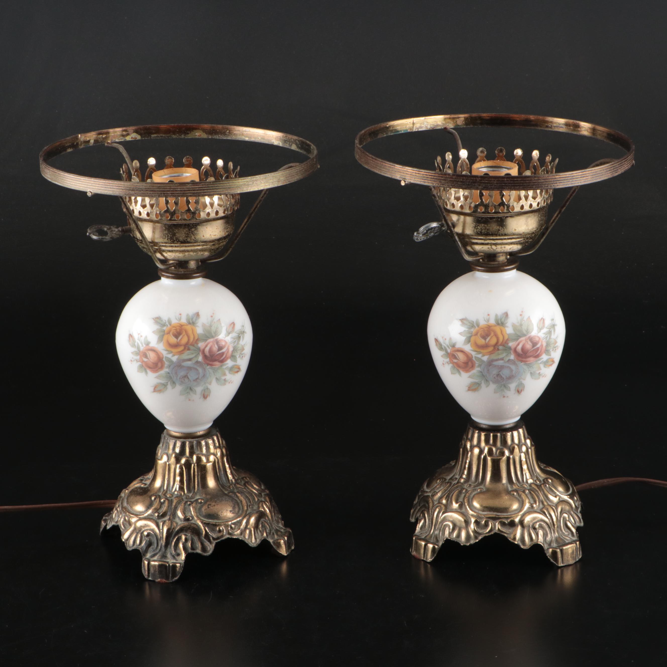Fenton Embossed Rose Milk Glass and Brass Table Lamps