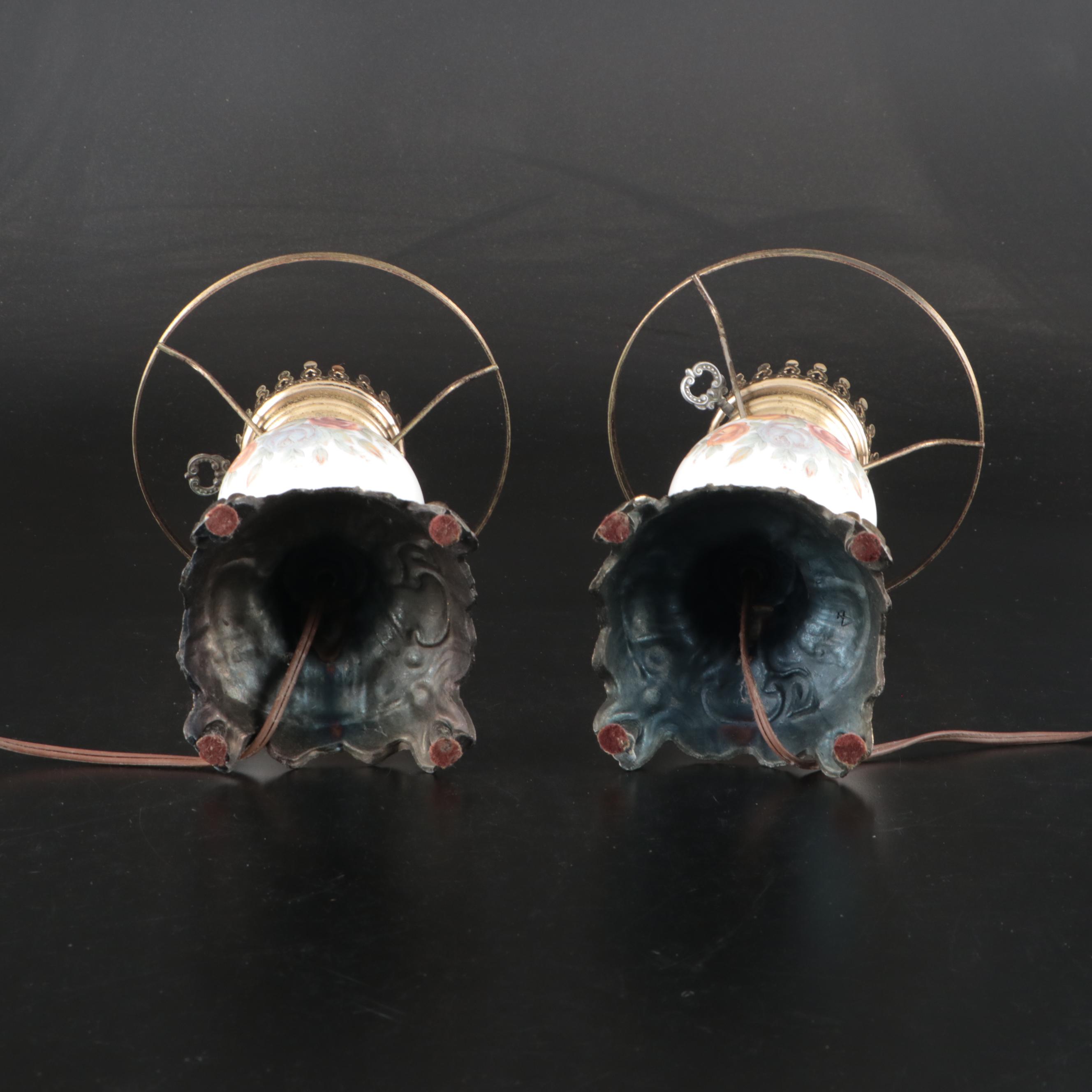 Fenton Embossed Rose Milk Glass and Brass Table Lamps