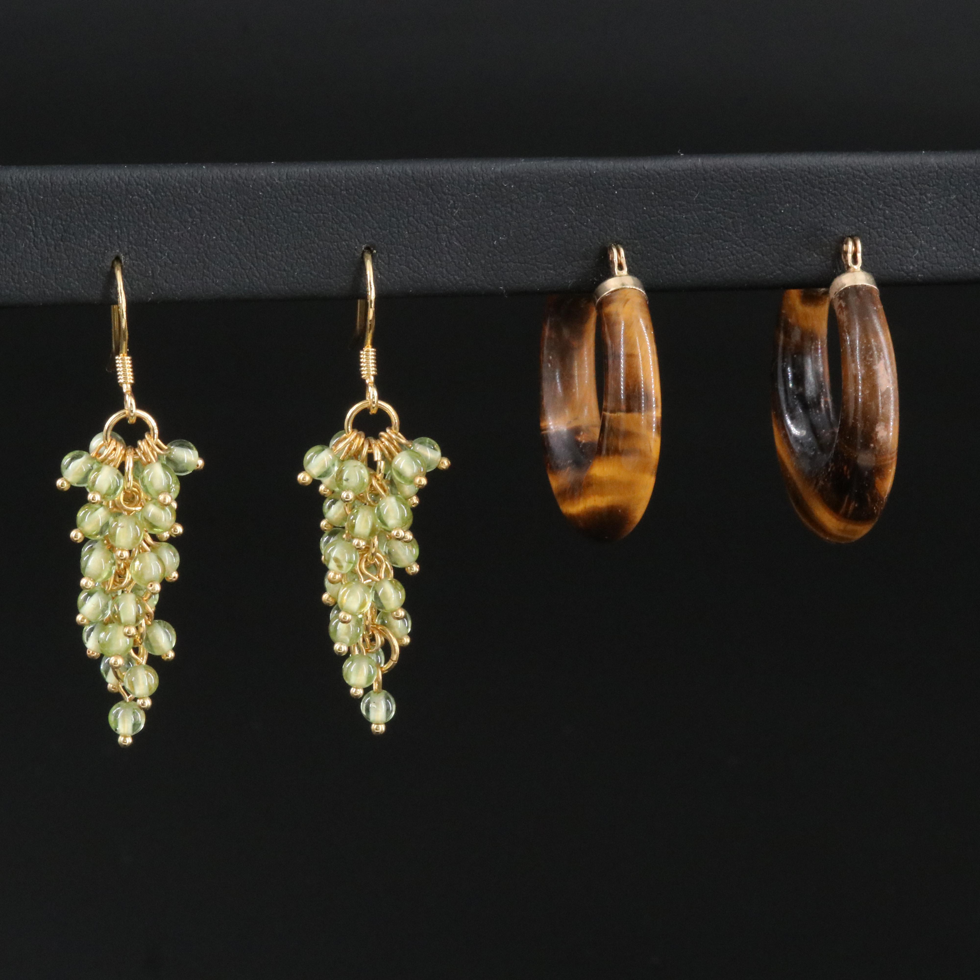 14K Tiger's Eye Hoops and Sterling Peridot Grape Cluster Earrings