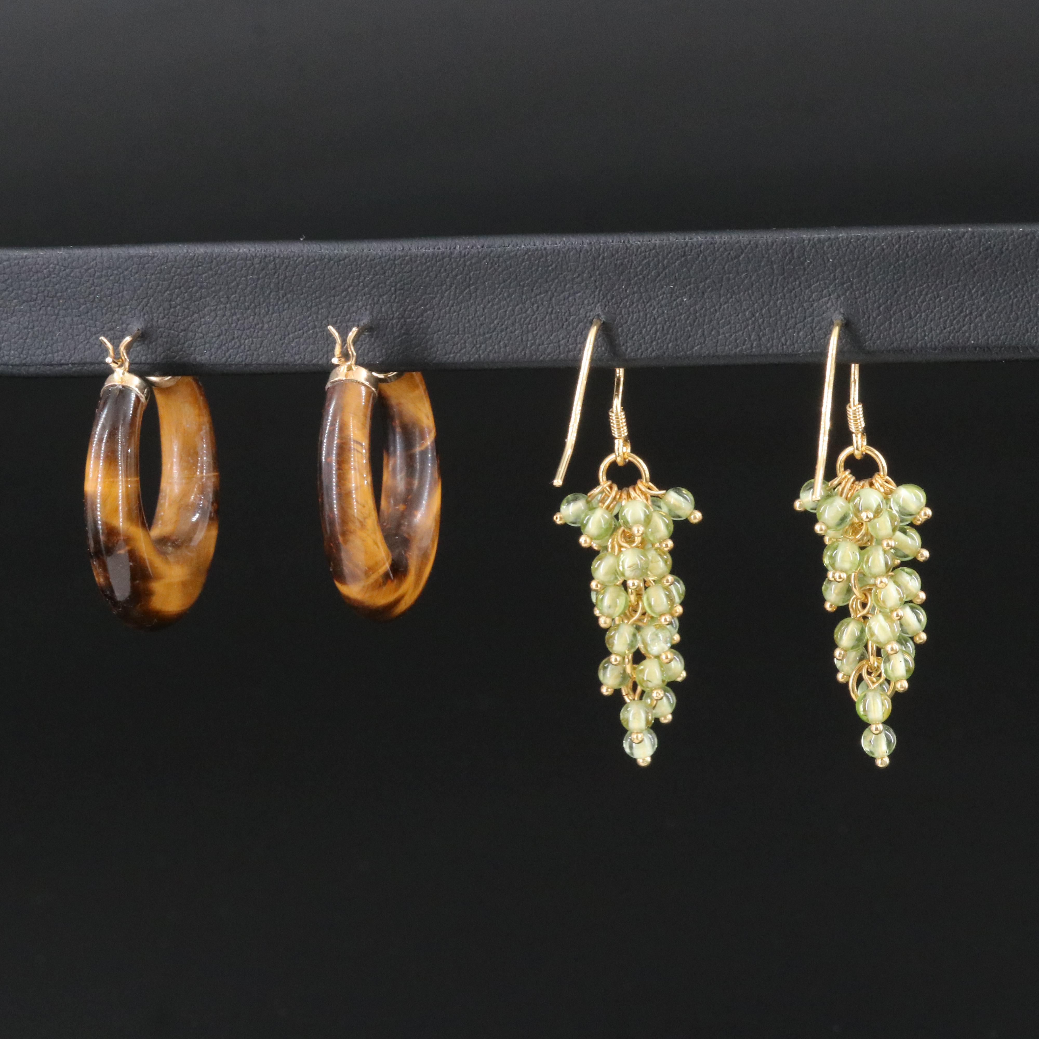 14K Tiger's Eye Hoops and Sterling Peridot Grape Cluster Earrings