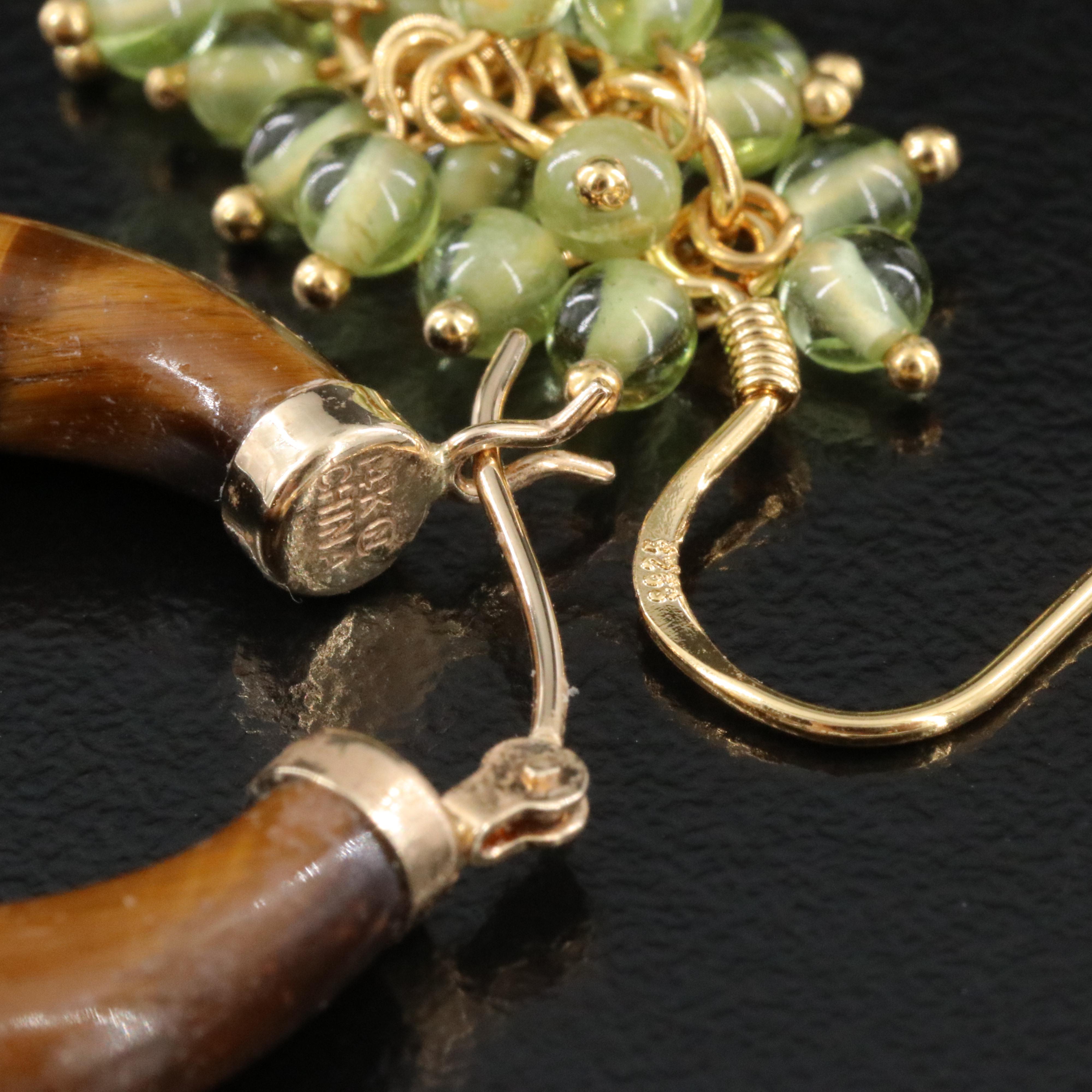 14K Tiger's Eye Hoops and Sterling Peridot Grape Cluster Earrings