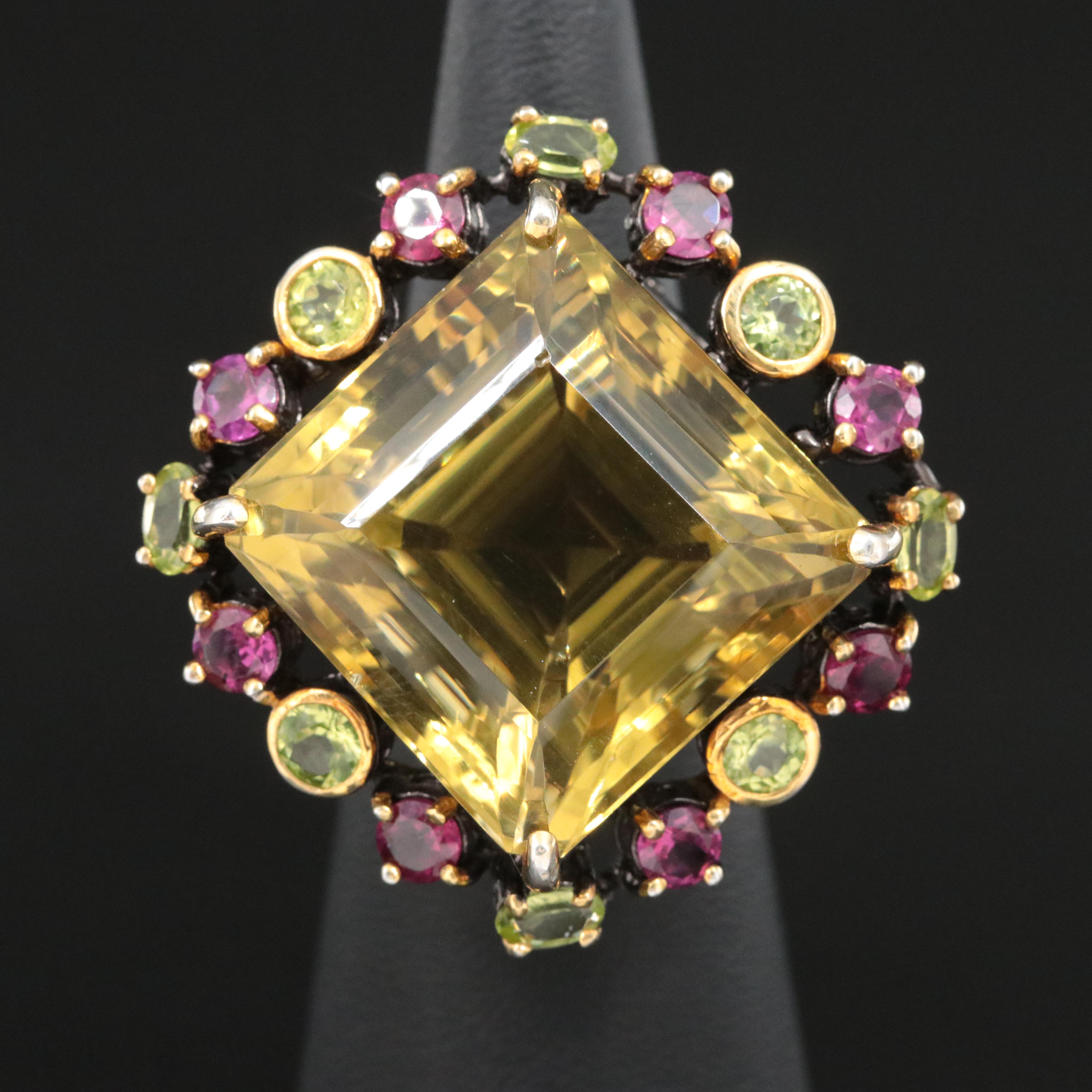 Sterling Citrine, Garnet and Peridot Oversized Ring