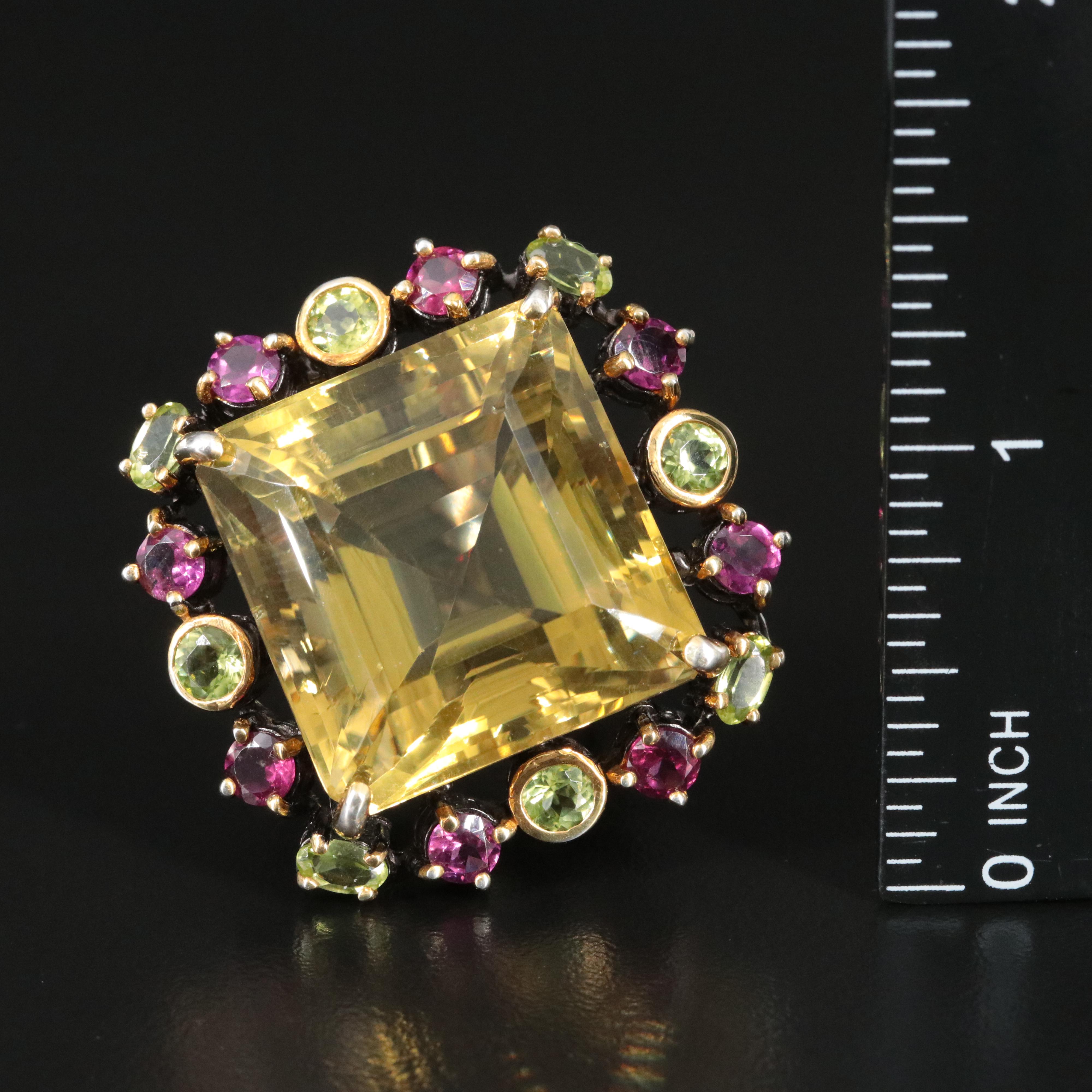 Sterling Citrine, Garnet and Peridot Oversized Ring