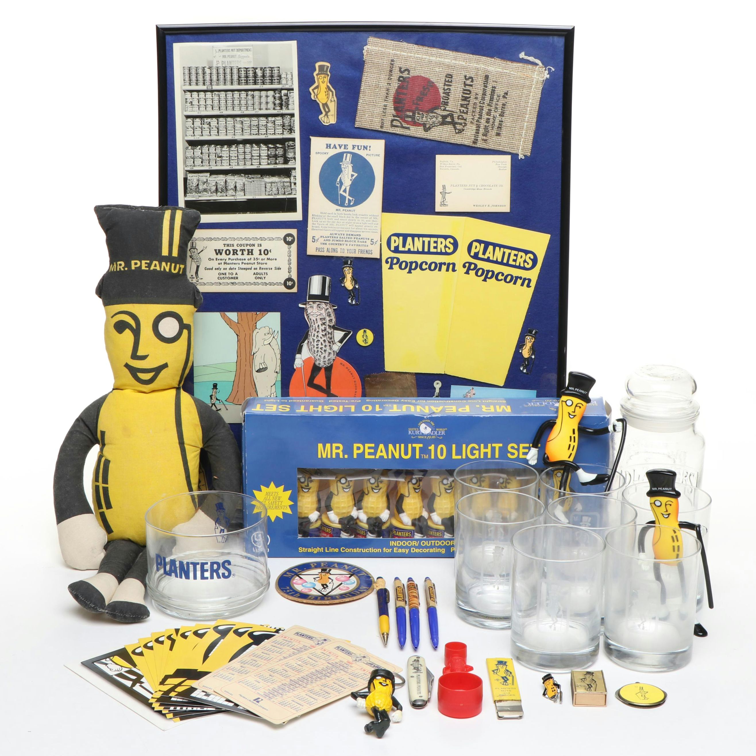 Mr. Peanut Glass Highballs and Lidded Jar with Other Mr. Peanut Memorabilia