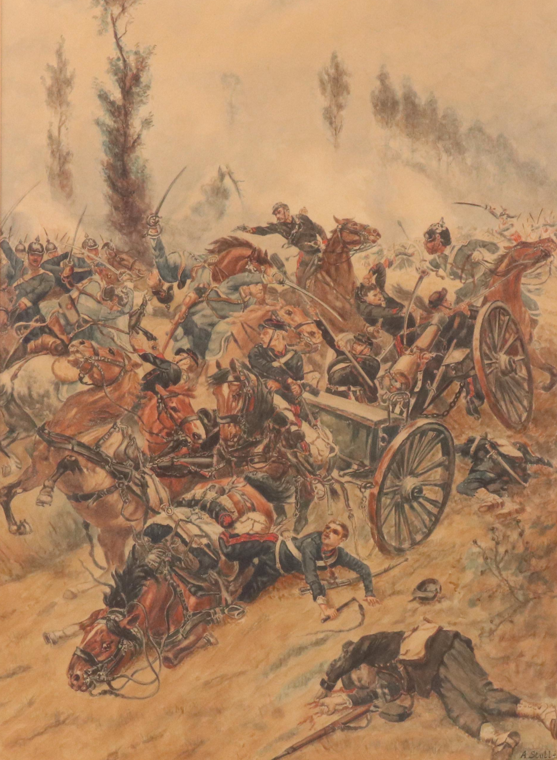 Watercolor Painting After Alphonse de Neuville Depicting Franco-Prussian Battle