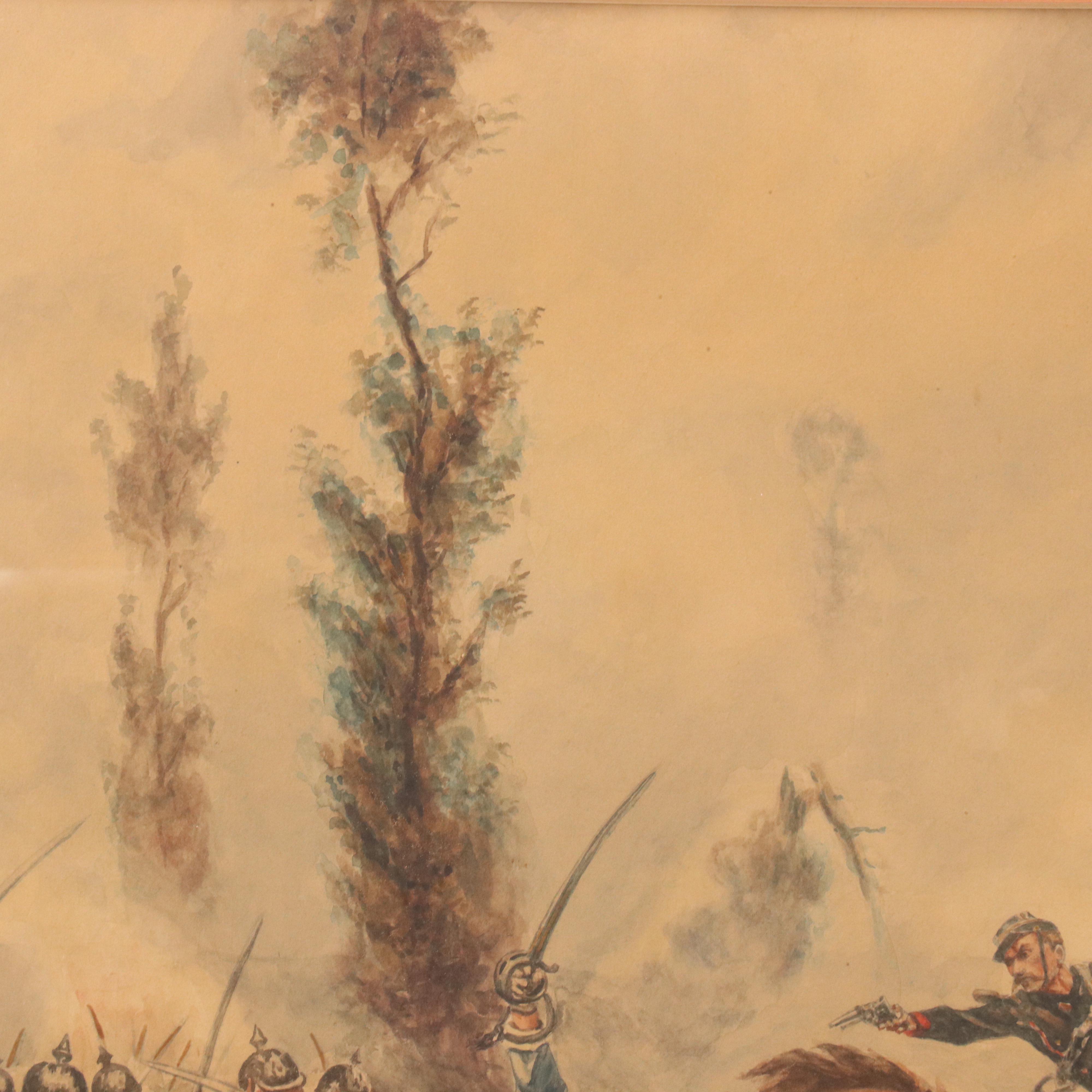 Watercolor Painting After Alphonse de Neuville Depicting Franco-Prussian Battle