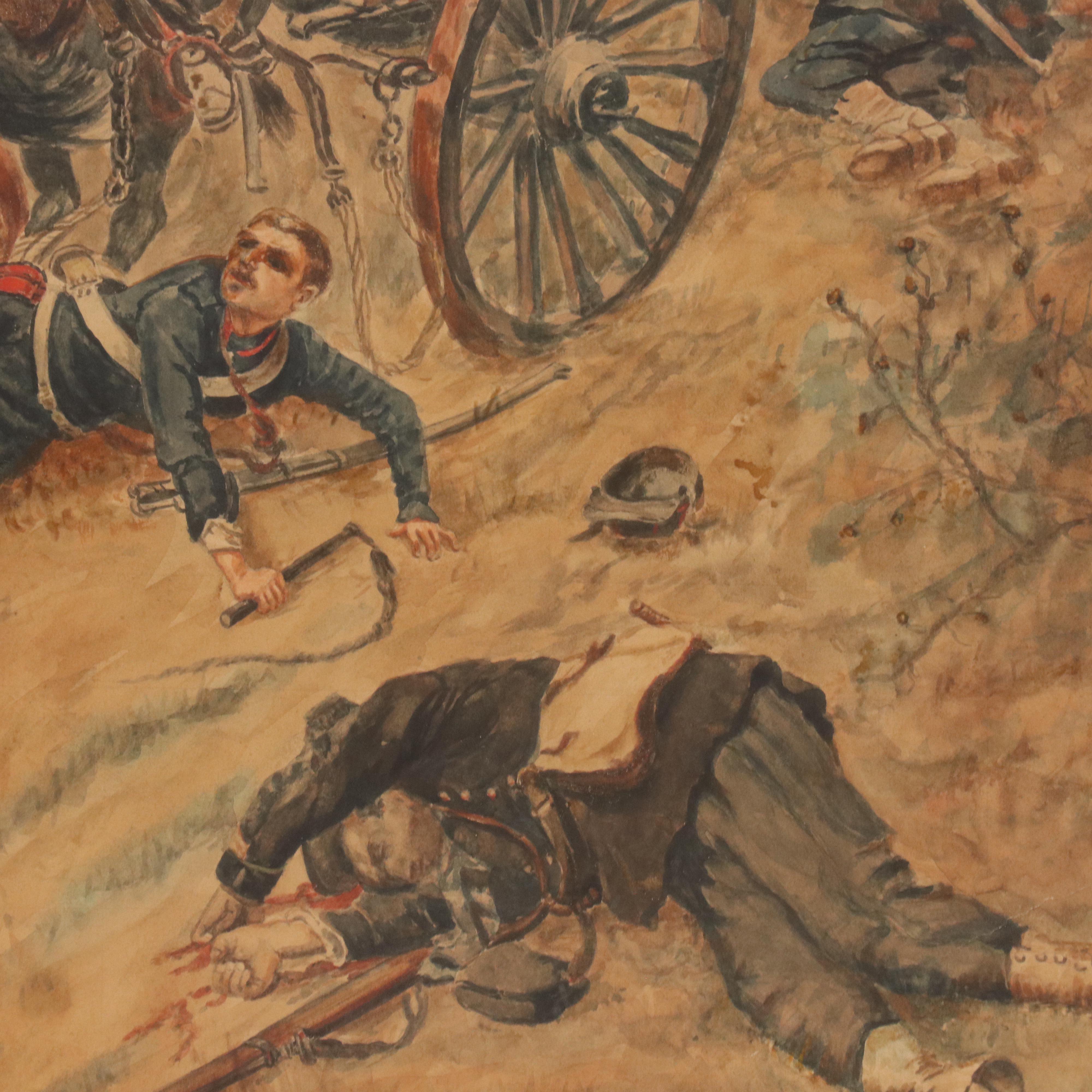 Watercolor Painting After Alphonse de Neuville Depicting Franco-Prussian Battle