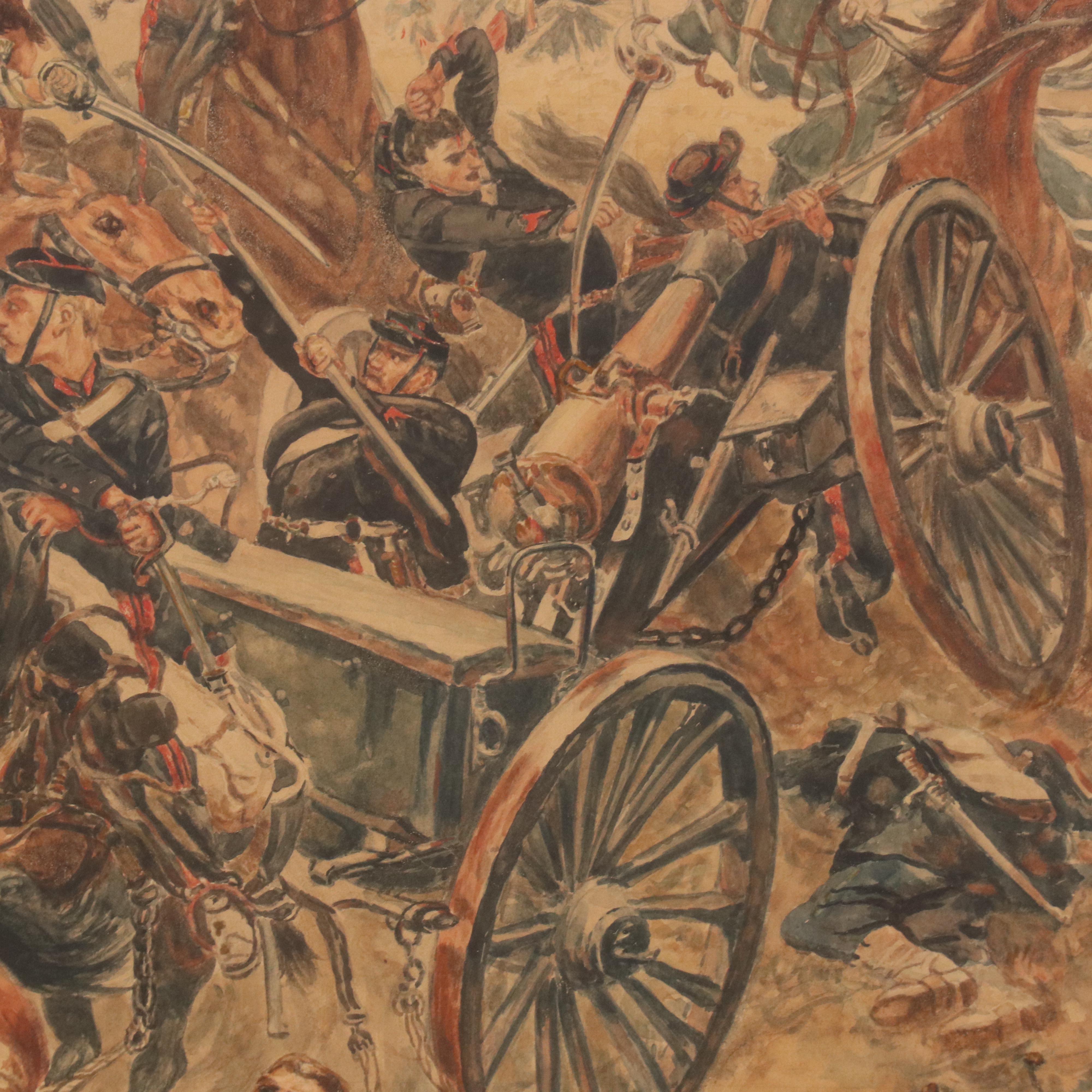 Watercolor Painting After Alphonse de Neuville Depicting Franco-Prussian Battle