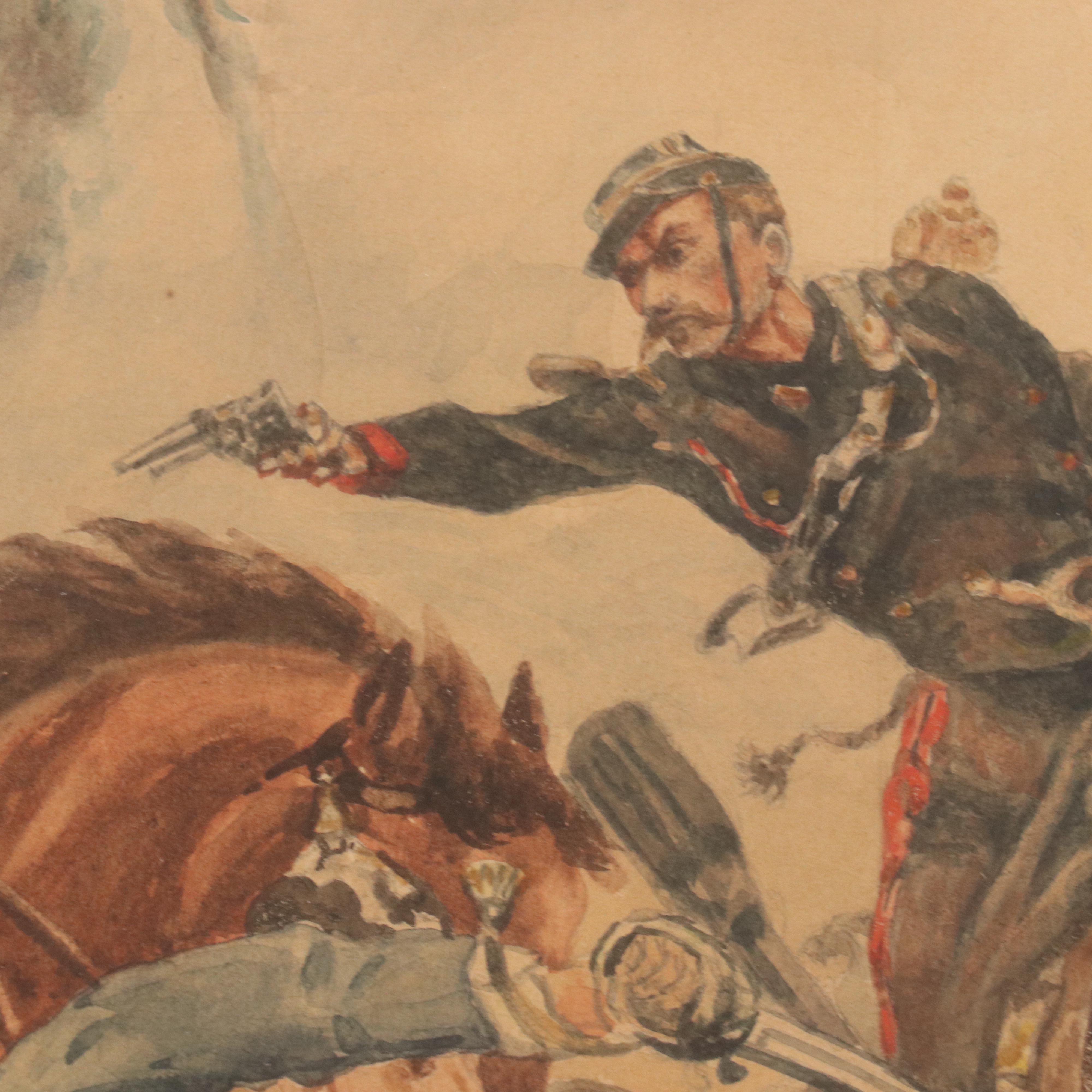 Watercolor Painting After Alphonse de Neuville Depicting Franco-Prussian Battle