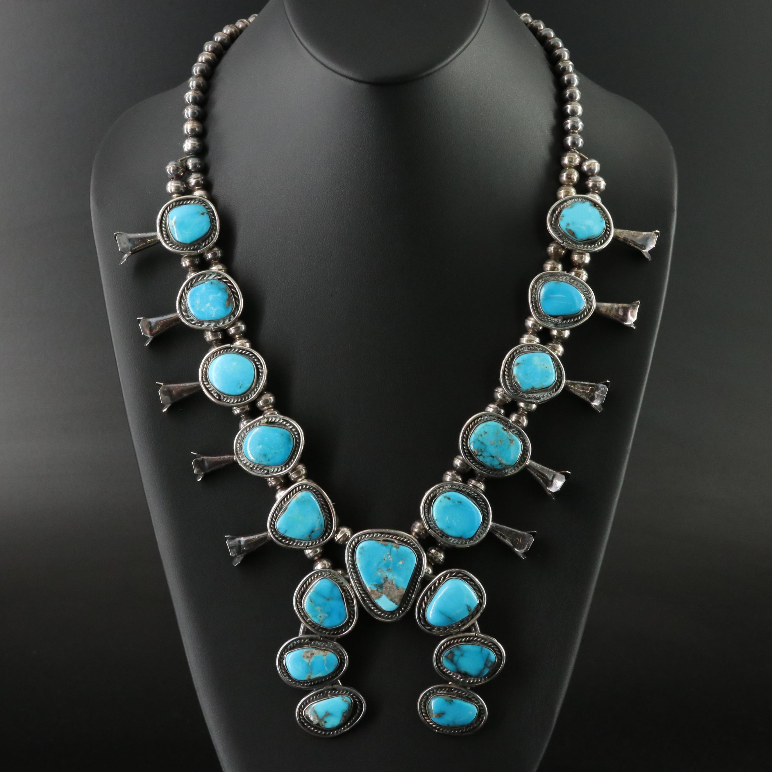 Southwestern Sterling Turquoise Squash Blossom Necklace