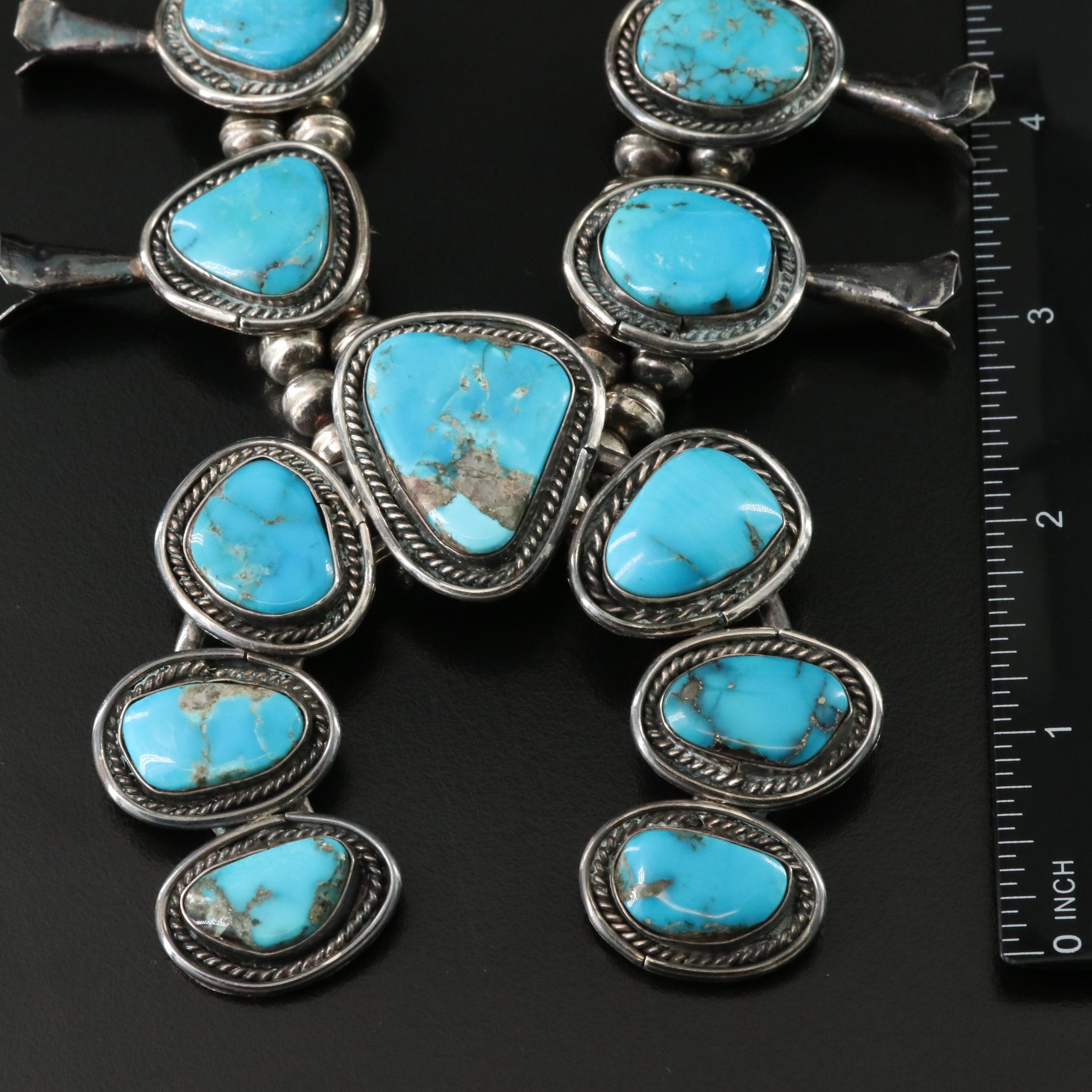 Southwestern Sterling Turquoise Squash Blossom Necklace