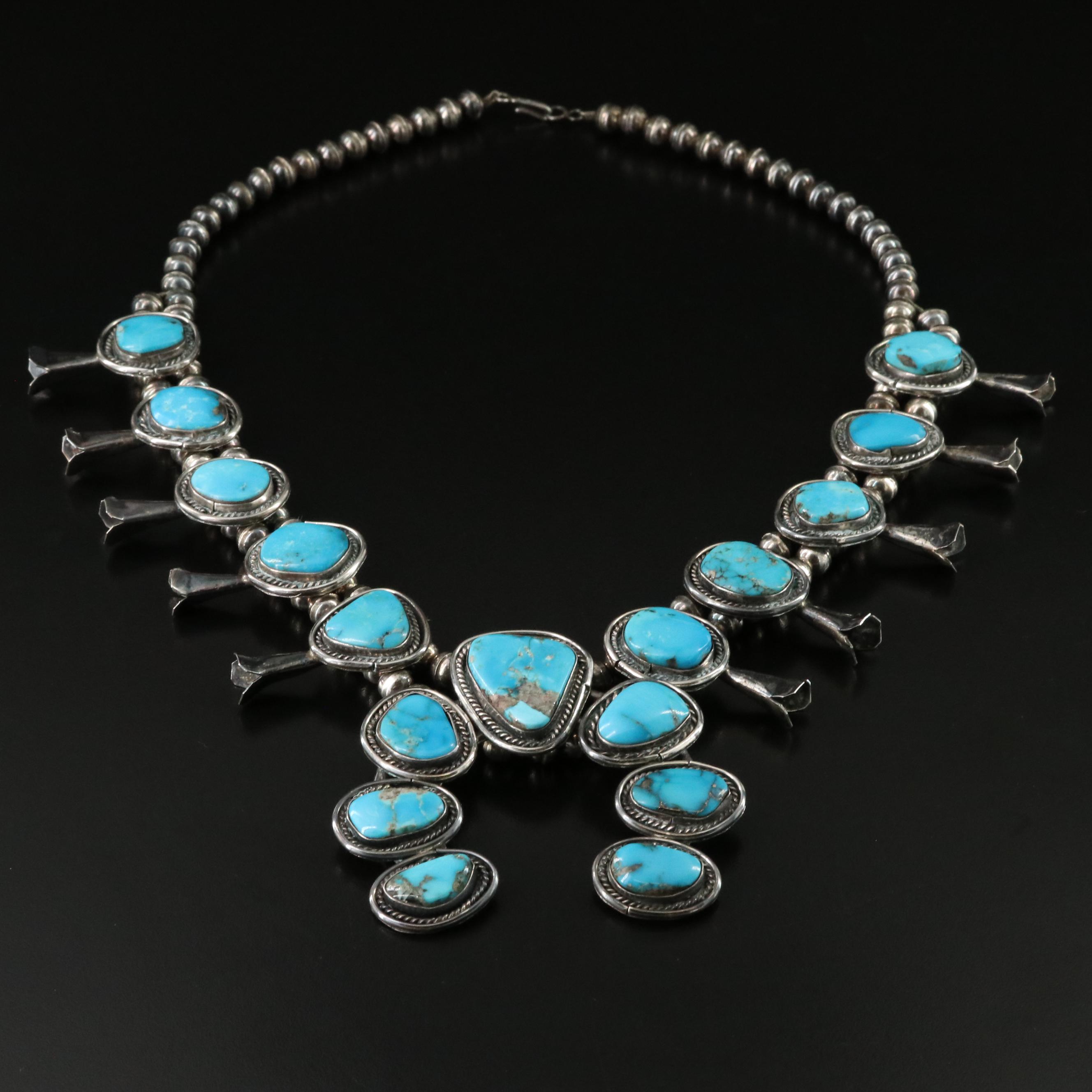 Southwestern Sterling Turquoise Squash Blossom Necklace