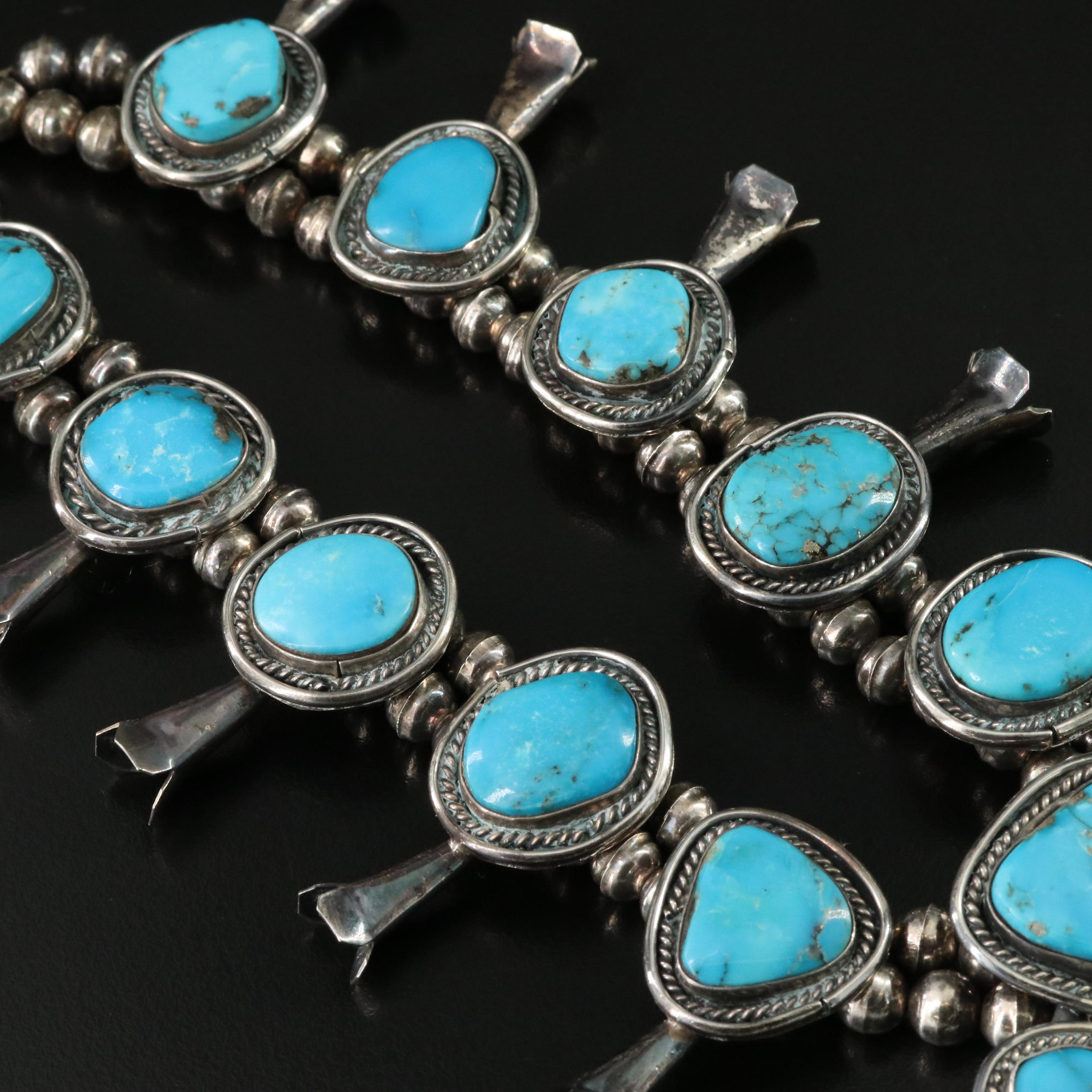 Southwestern Sterling Turquoise Squash Blossom Necklace